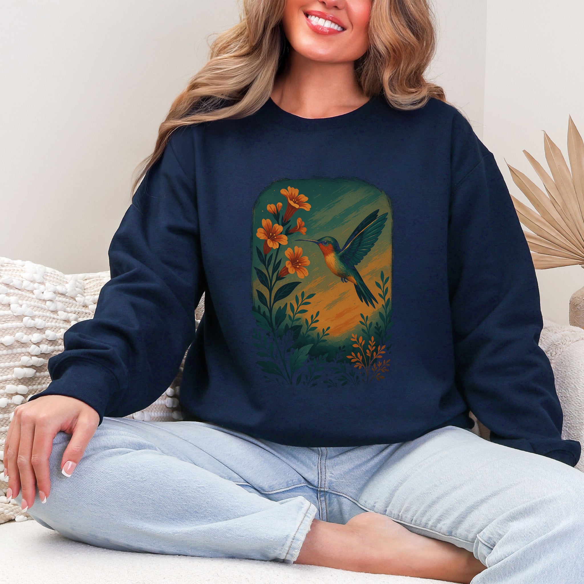 Hummingbird and Flower Sweatshirt – Spirit Animal Symbol of Joy & Lightness