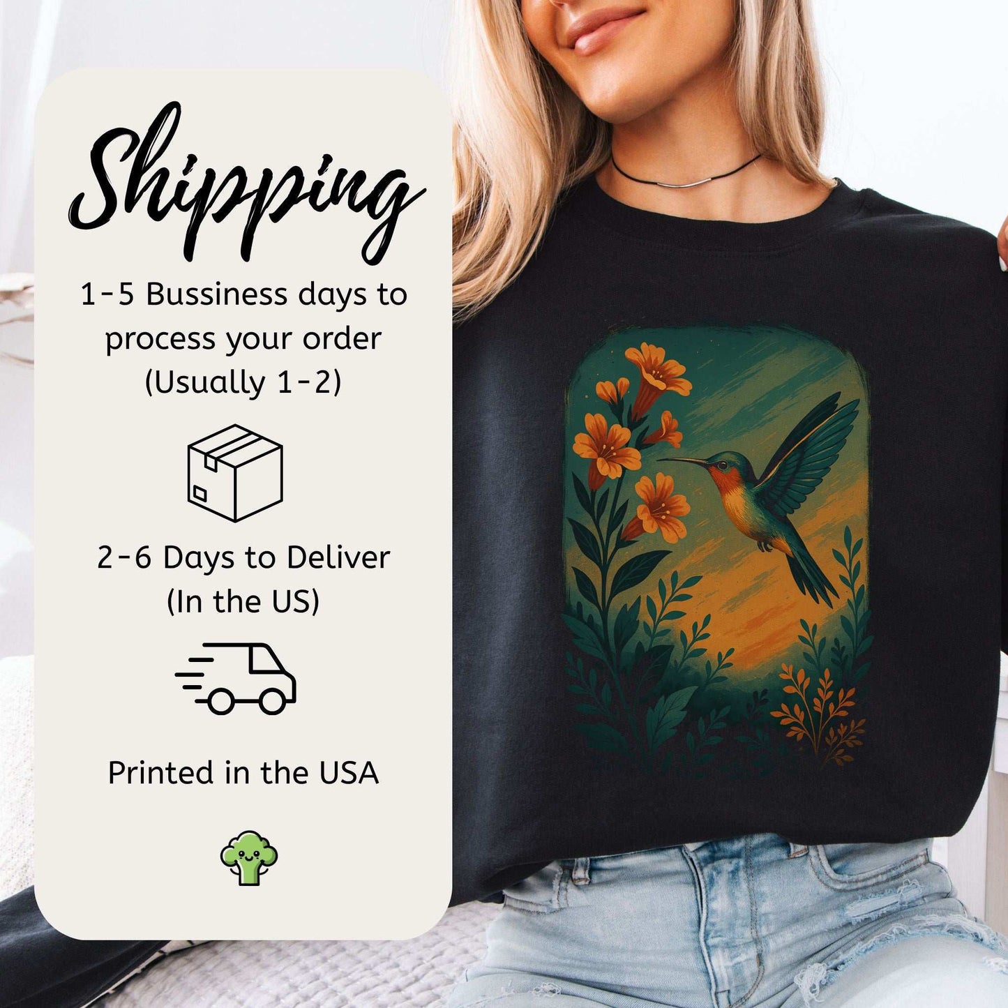 Hummingbird and Flower Sweatshirt – Spirit Animal Symbol of Joy & Lightness