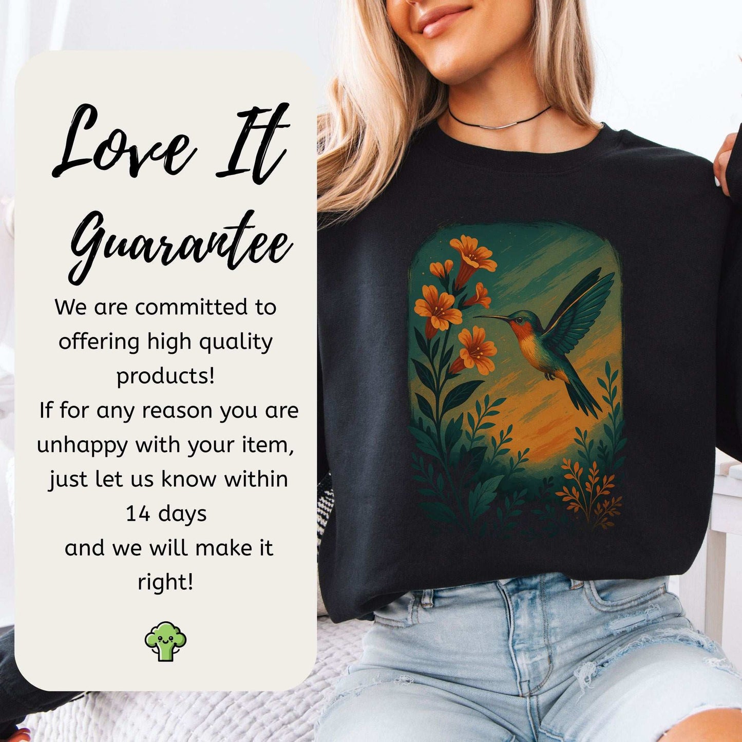 Hummingbird and Flower Sweatshirt – Spirit Animal Symbol of Joy & Lightness