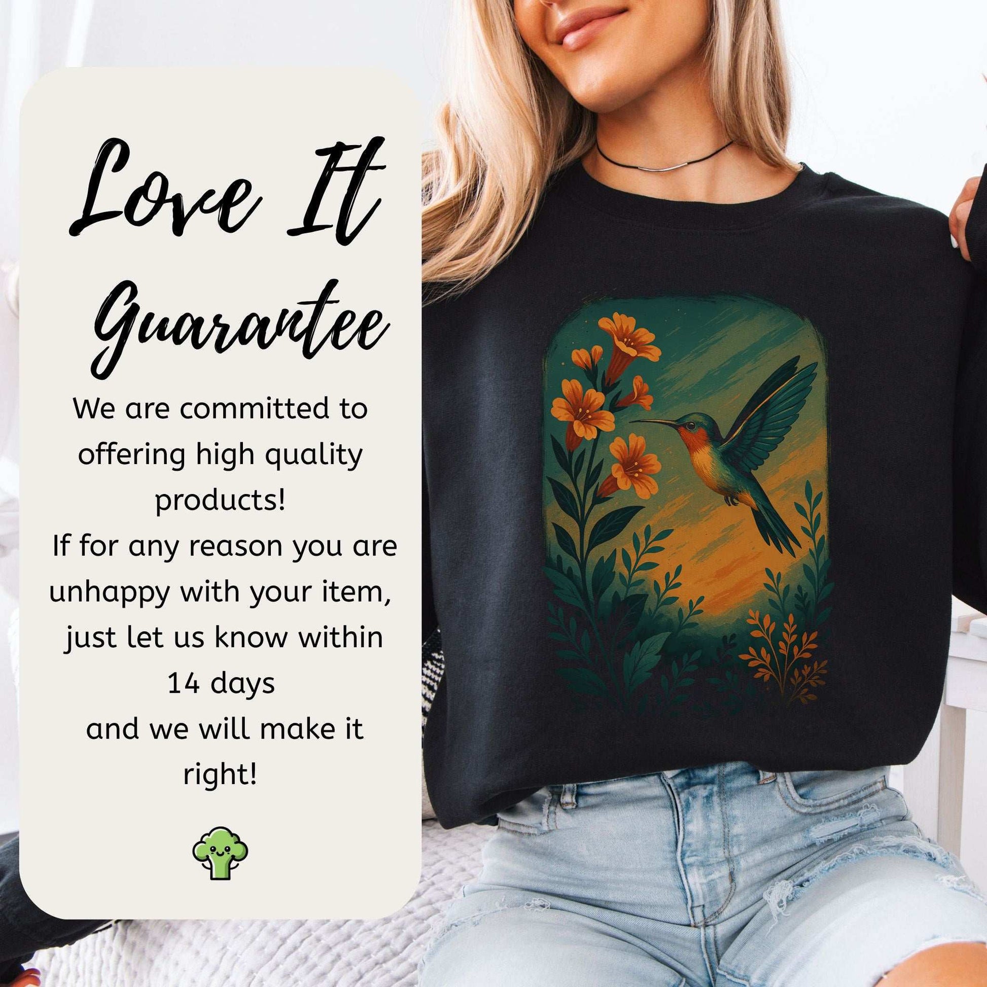 Hummingbird and Flower Sweatshirt – Spirit Animal Symbol of Joy & Lightness