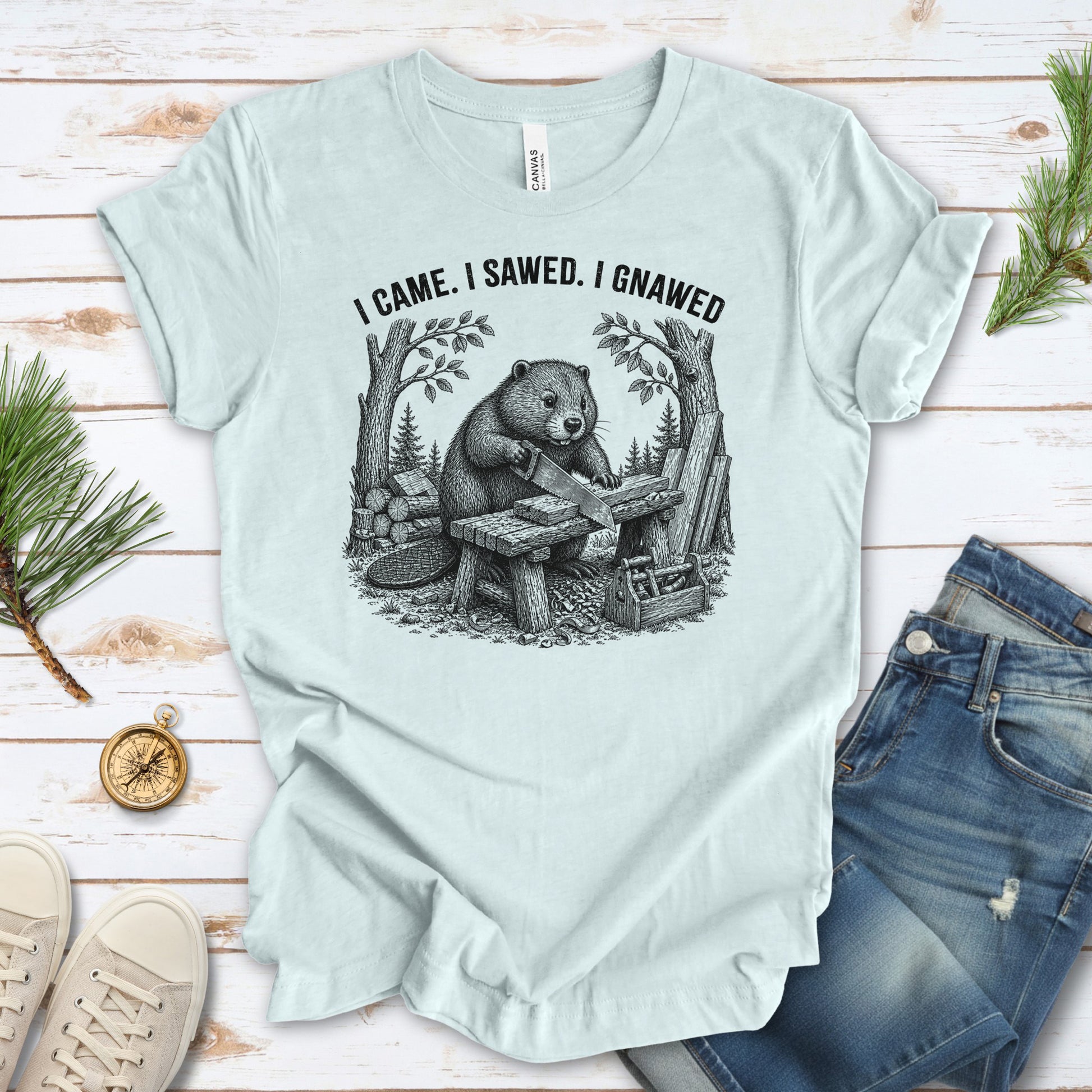 I Came I Sawed I Gnawed Funny Beaver Woodworker Gift T-Shirt