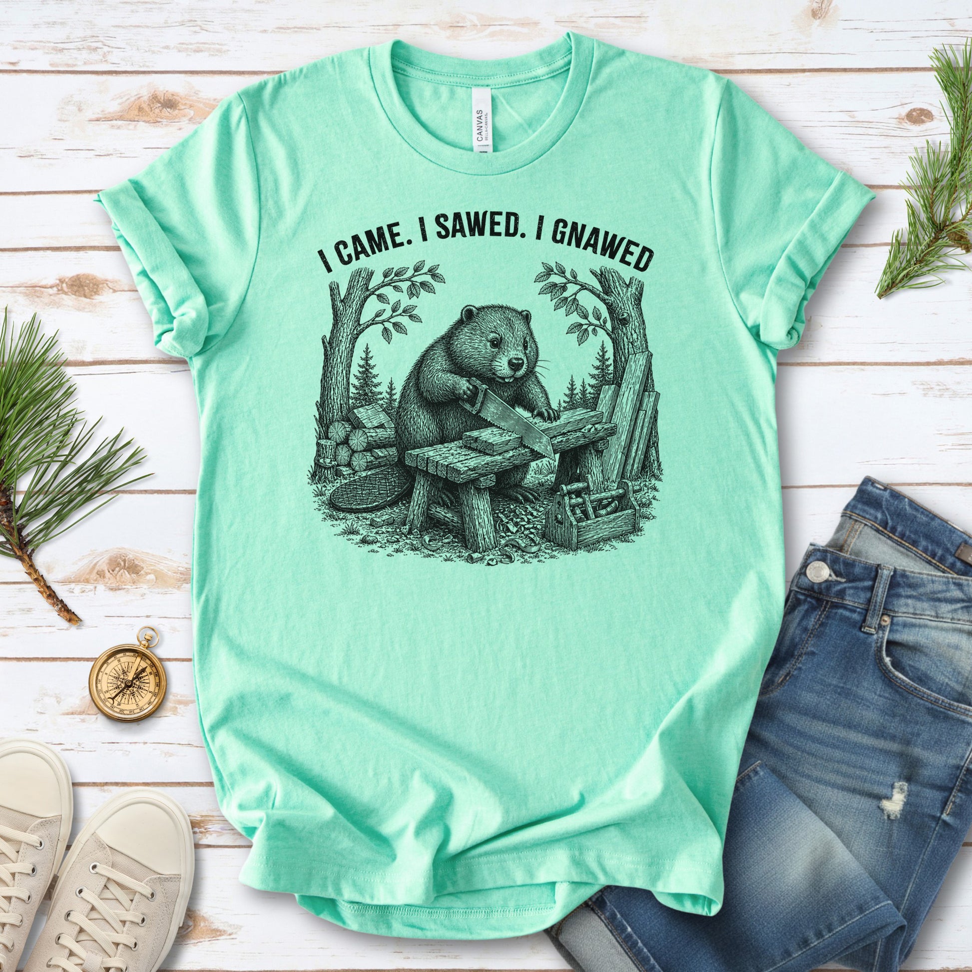 I Came I Sawed I Gnawed Funny Beaver Woodworker Gift T-Shirt