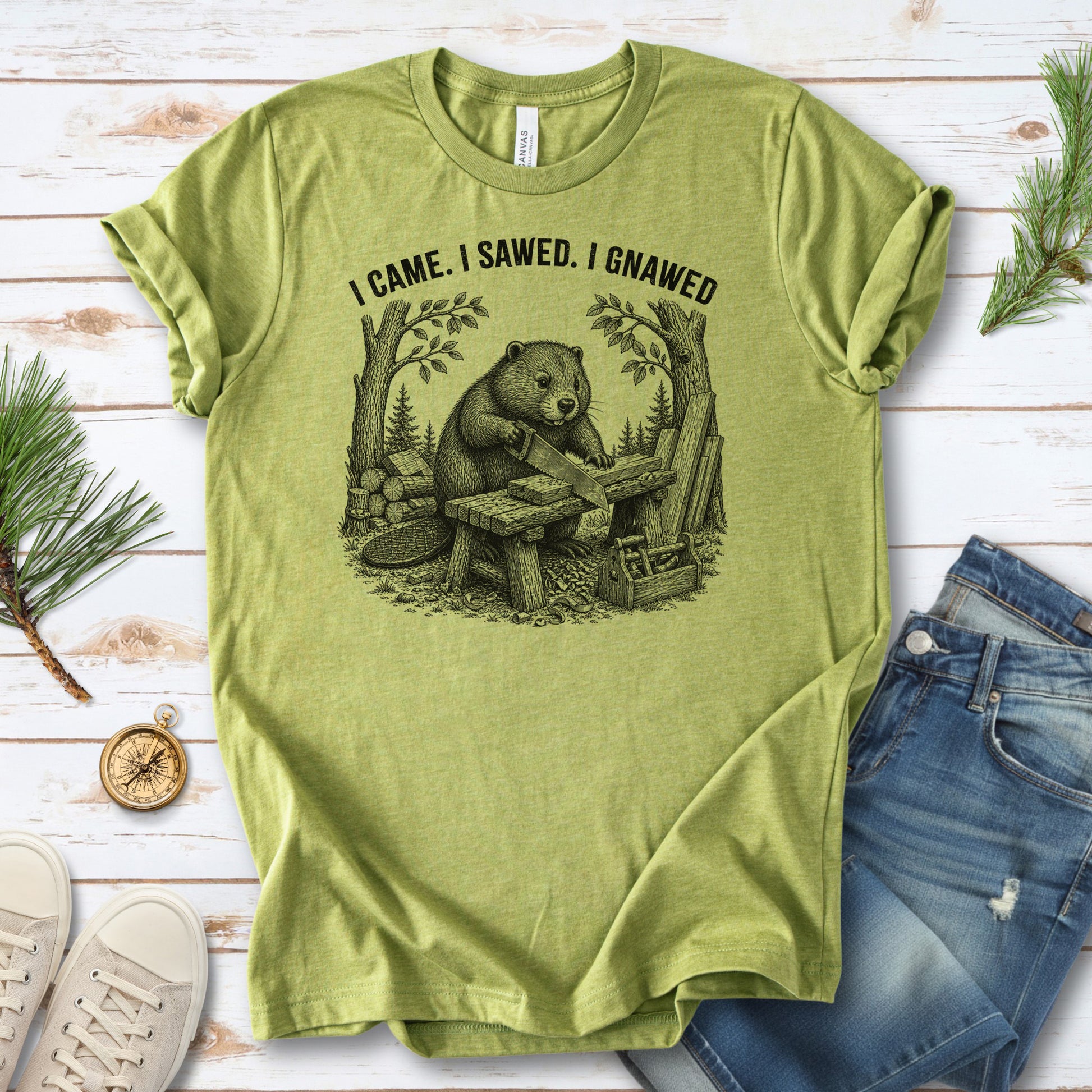 I Came I Sawed I Gnawed Funny Beaver Woodworker Gift T-Shirt