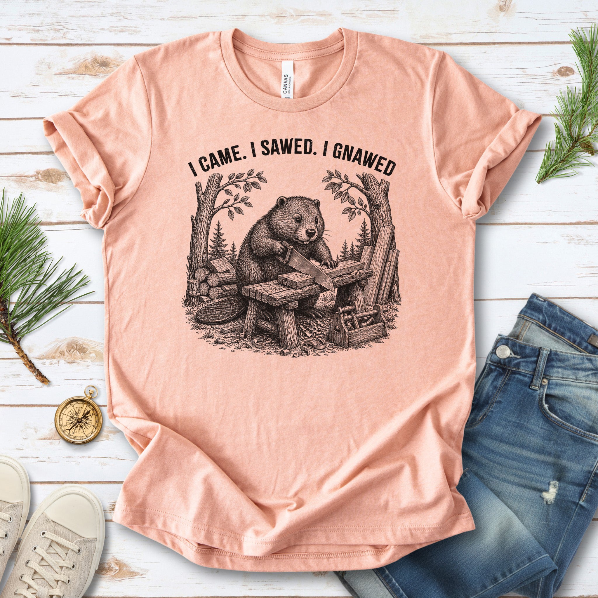 I Came I Sawed I Gnawed Funny Beaver Woodworker Gift T-Shirt