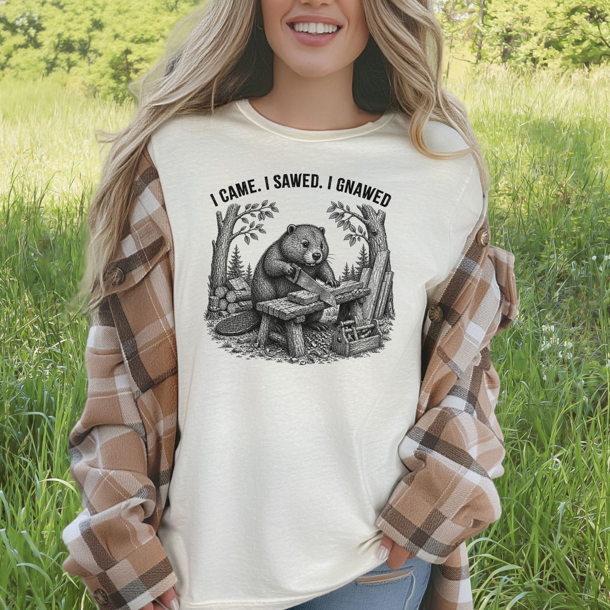 I Came I Sawed I Gnawed Funny Beaver Woodworker Gift T-Shirt