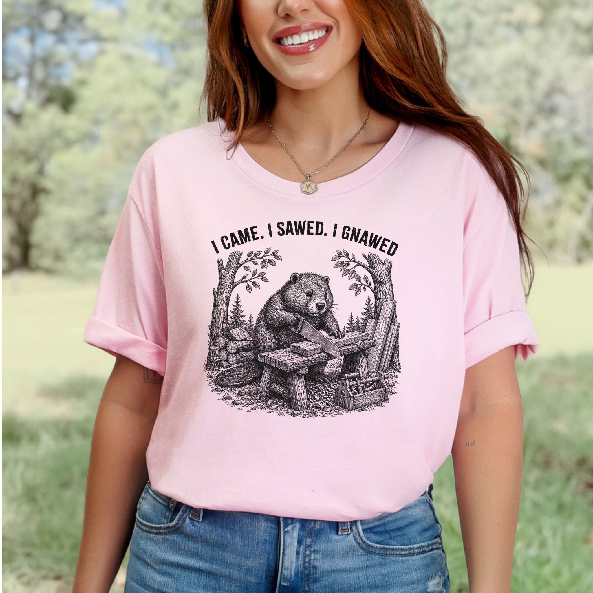I Came I Sawed I Gnawed Funny Beaver Woodworker Gift T-Shirt