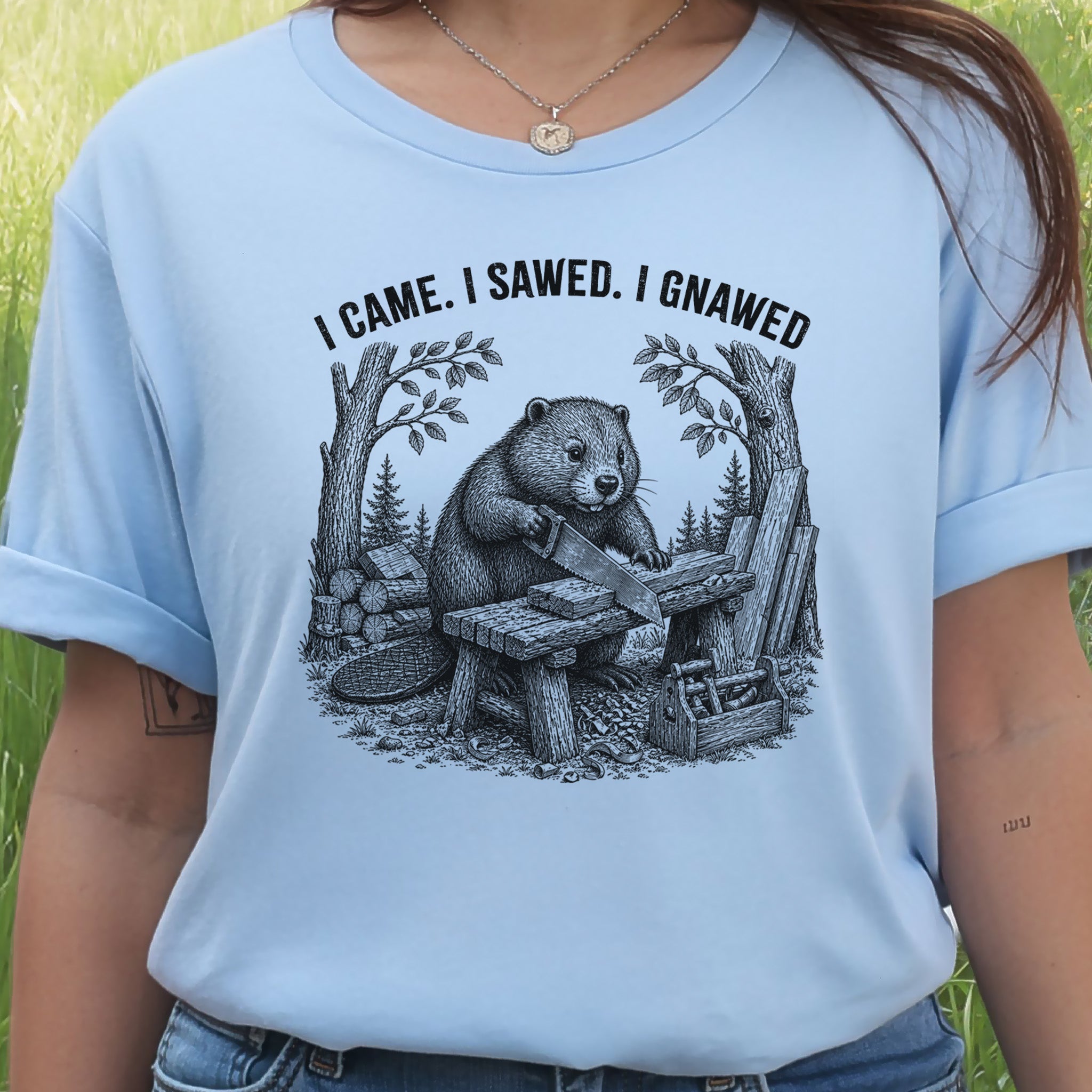 I Came I Sawed I Gnawed Funny Beaver Woodworker Gift T-Shirt