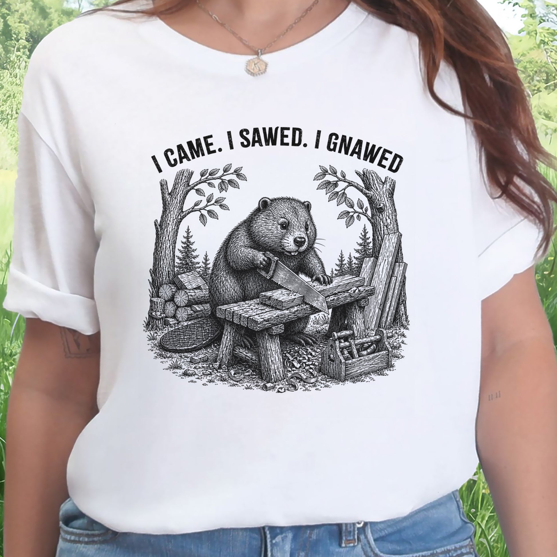 I Came I Sawed I Gnawed Funny Beaver Woodworker Gift T-Shirt