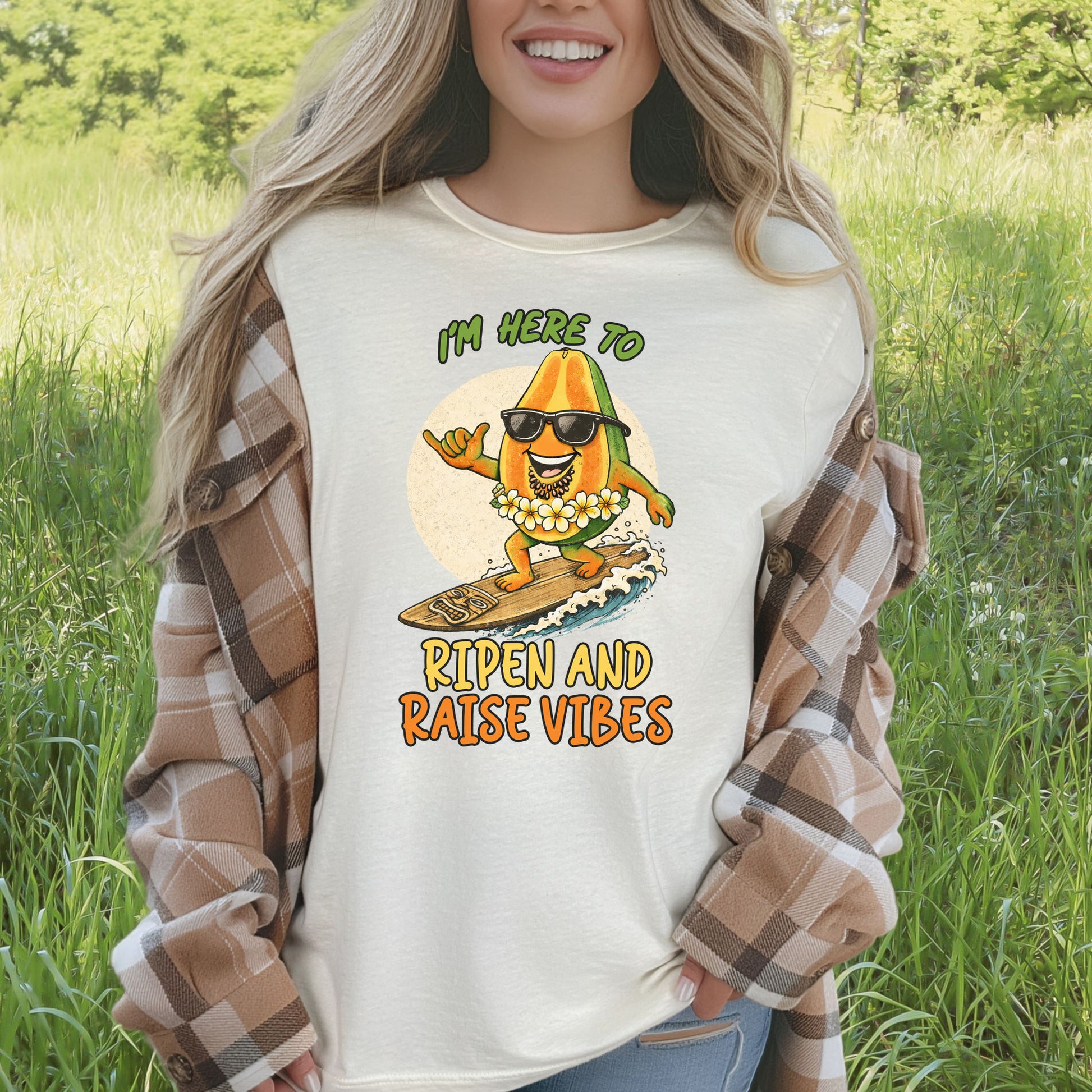 I’m Here to Ripen and Raise Vibes Papaya T-Shirt – Funny Surf Tee