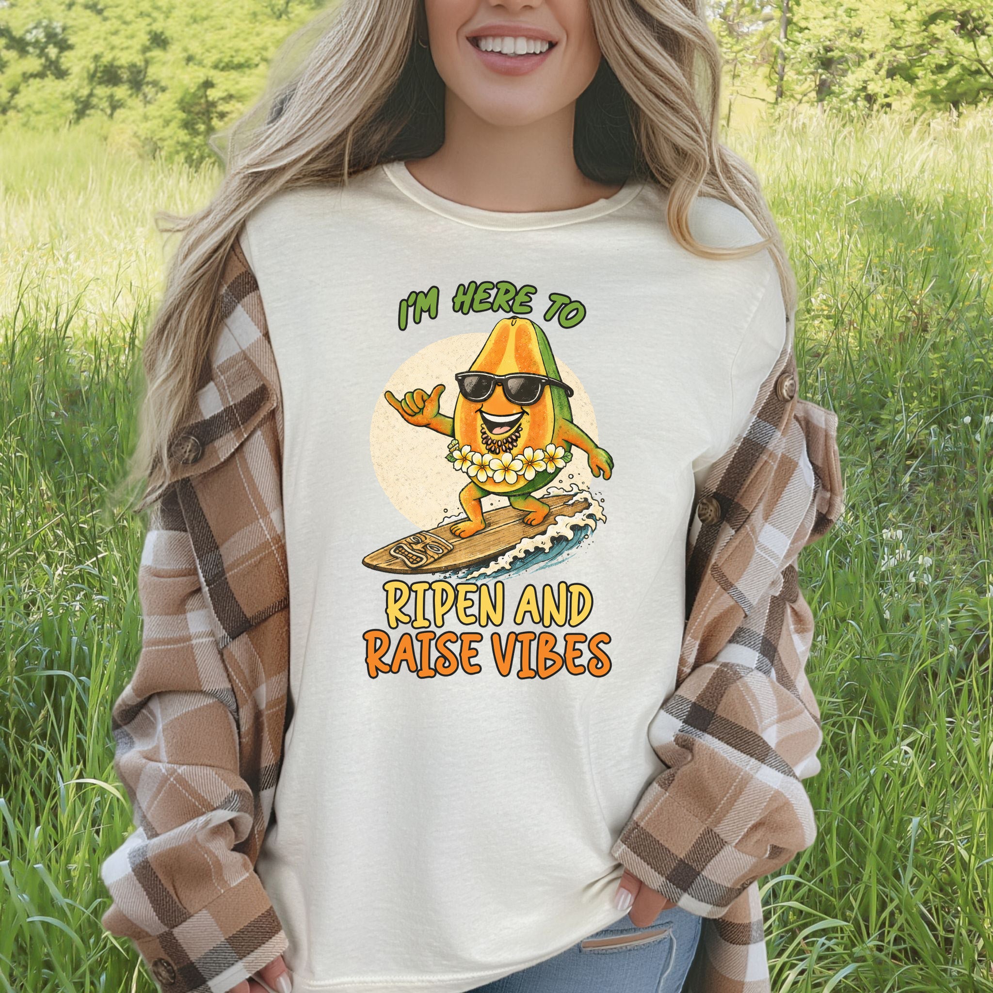 I’m Here to Ripen and Raise Vibes Papaya T-Shirt – Funny Surf Tee