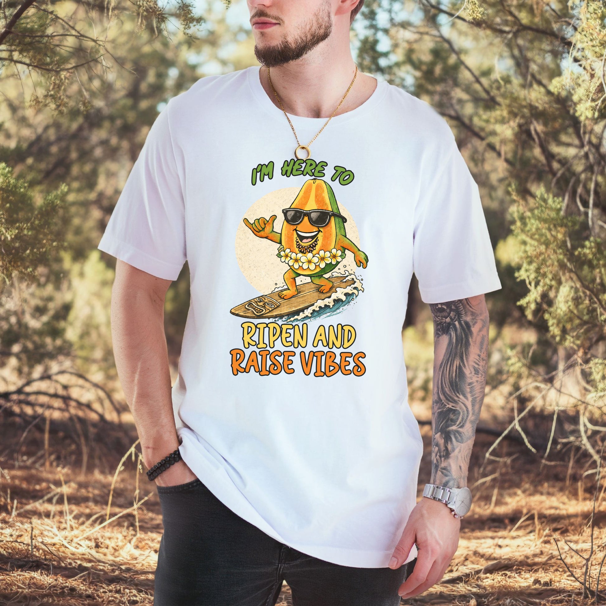 I’m Here to Ripen and Raise Vibes Papaya T-Shirt – Funny Surf Tee