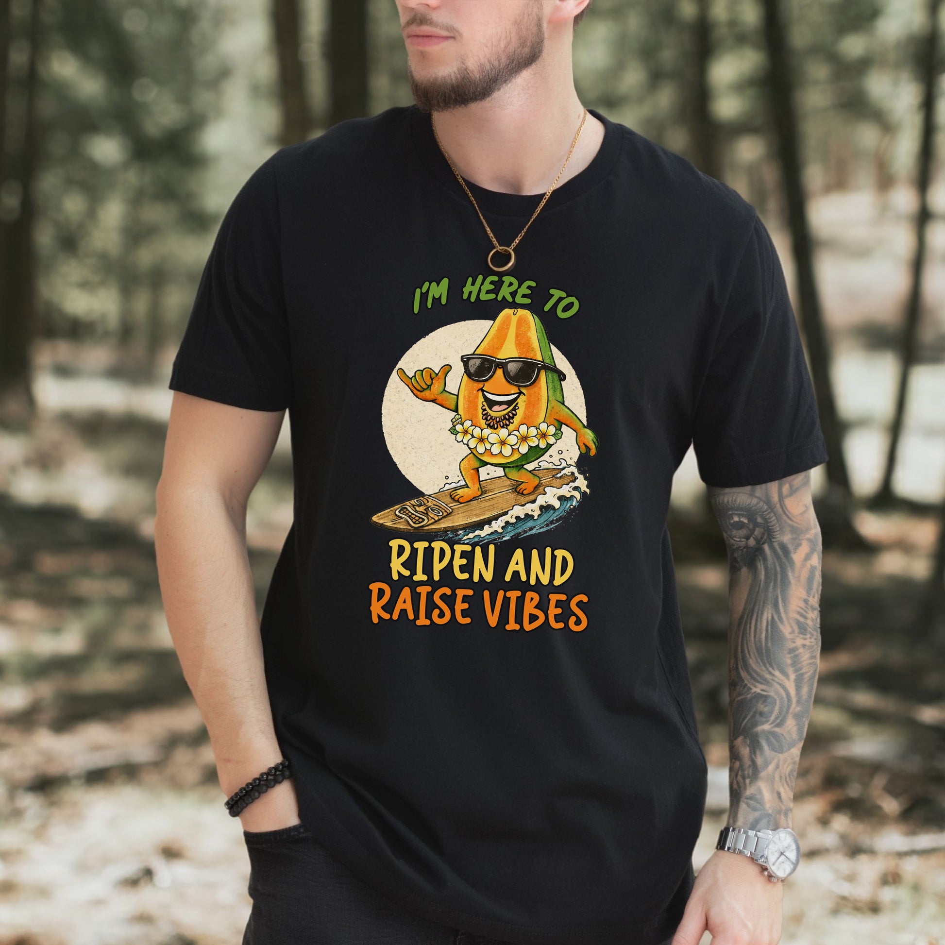 I’m Here to Ripen and Raise Vibes Papaya T-Shirt – Funny Surf Tee