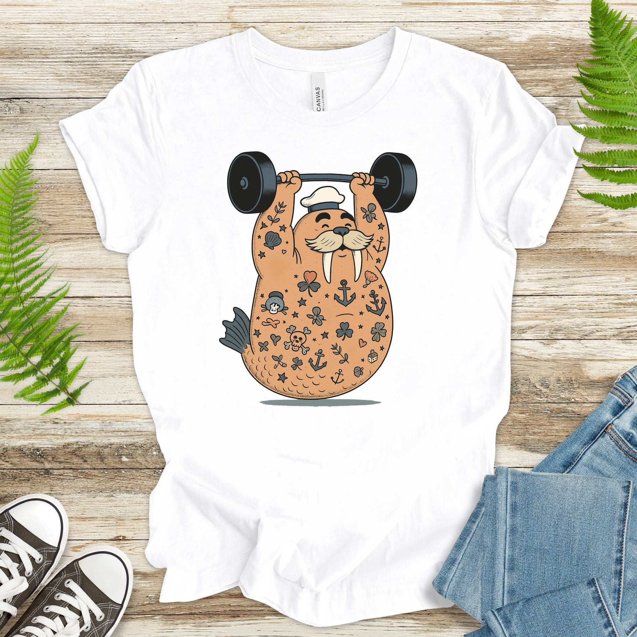 Tattooed Walrus Lifting T-Shirt – Funny Gym Sailor Sea Animal Tee