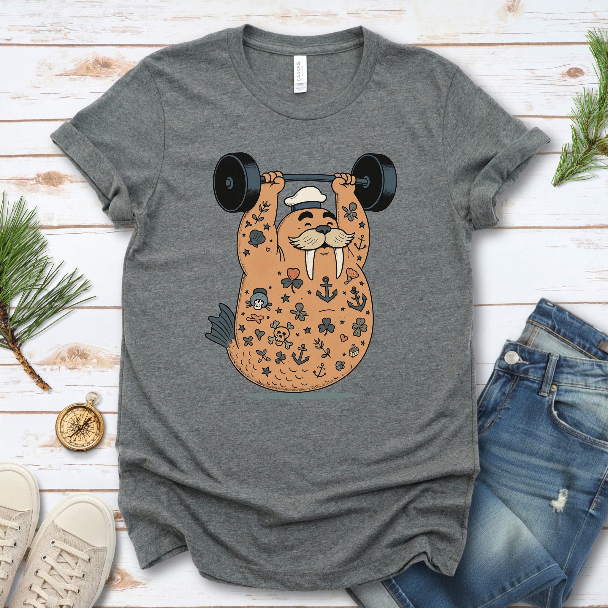 Tattooed Walrus Lifting T-Shirt – Funny Gym Sailor Sea Animal Tee