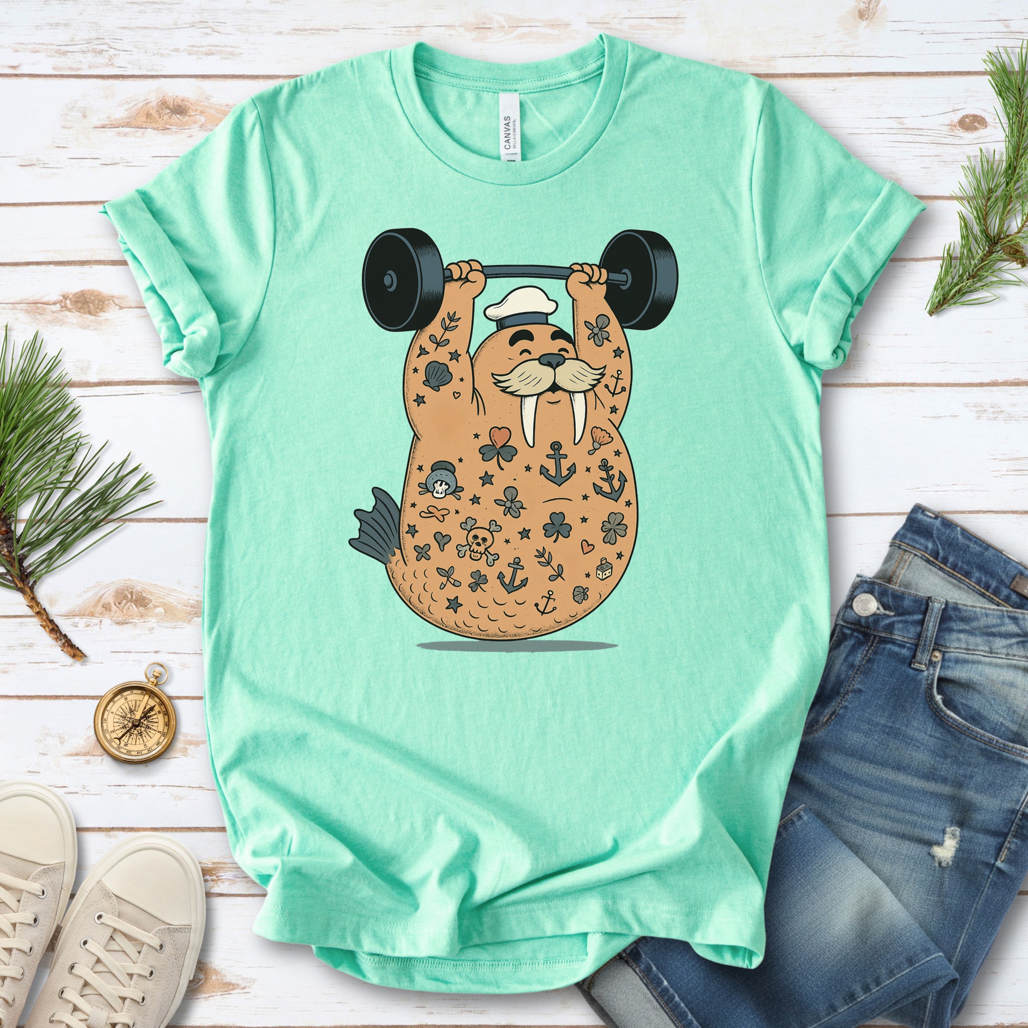 Tattooed Walrus Lifting T-Shirt – Funny Gym Sailor Sea Animal Tee