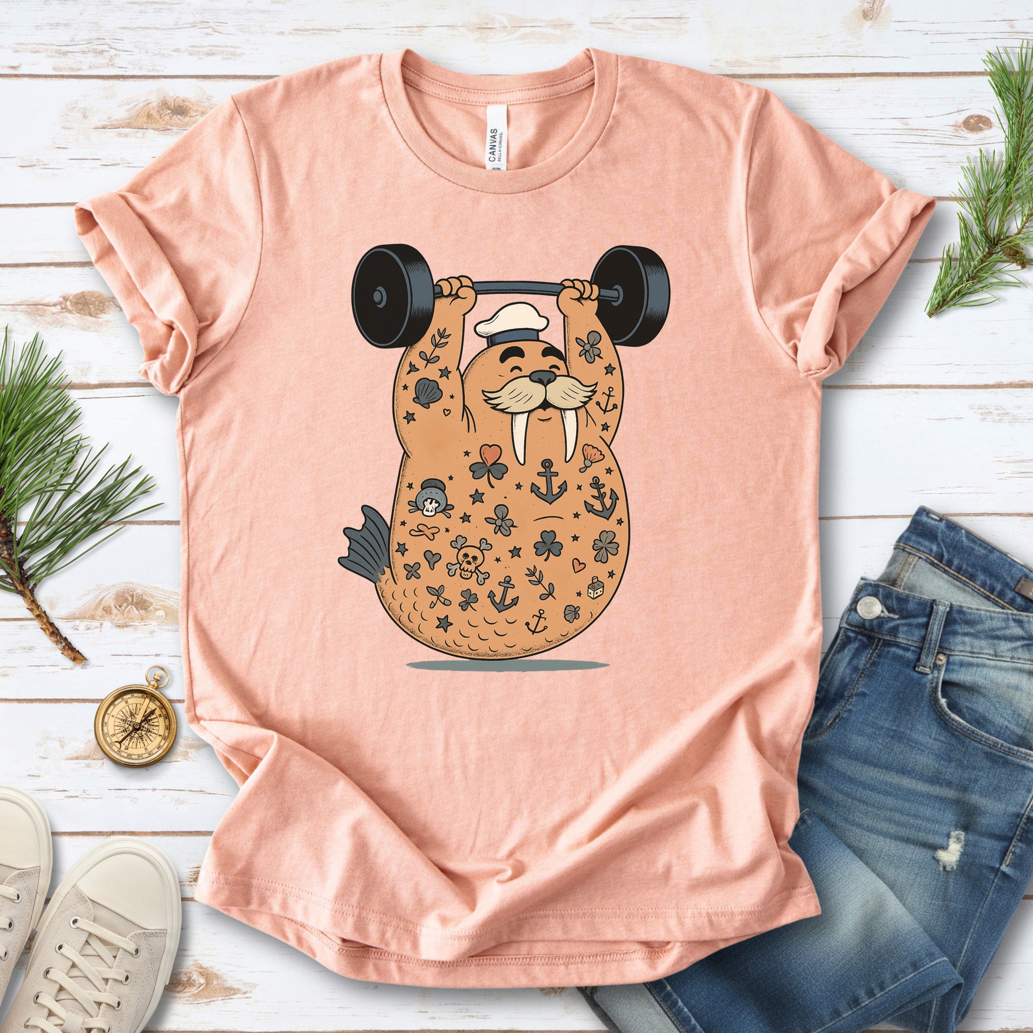Tattooed Walrus Lifting T-Shirt – Funny Gym Sailor Sea Animal Tee