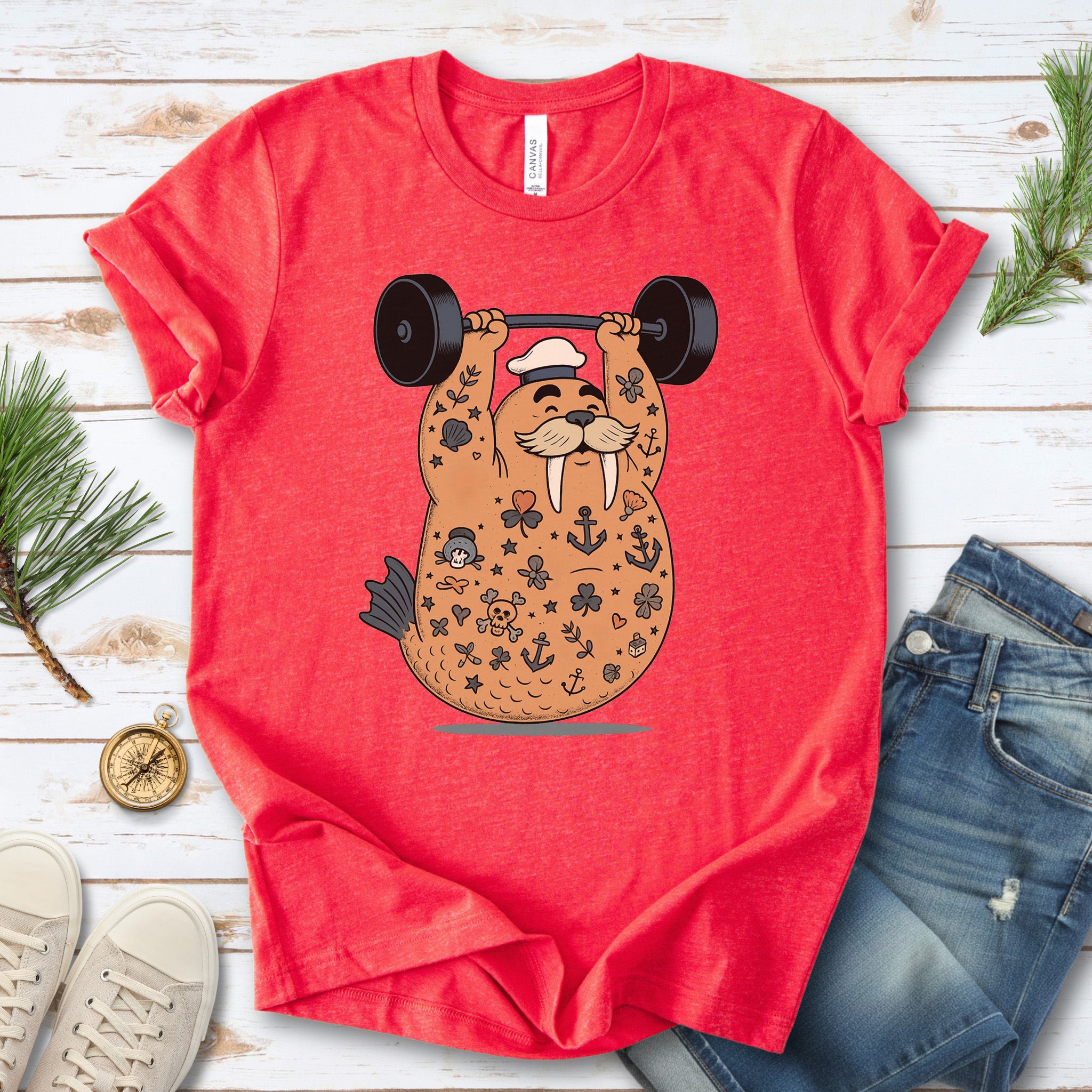 Tattooed Walrus Lifting T-Shirt – Funny Gym Sailor Sea Animal Tee