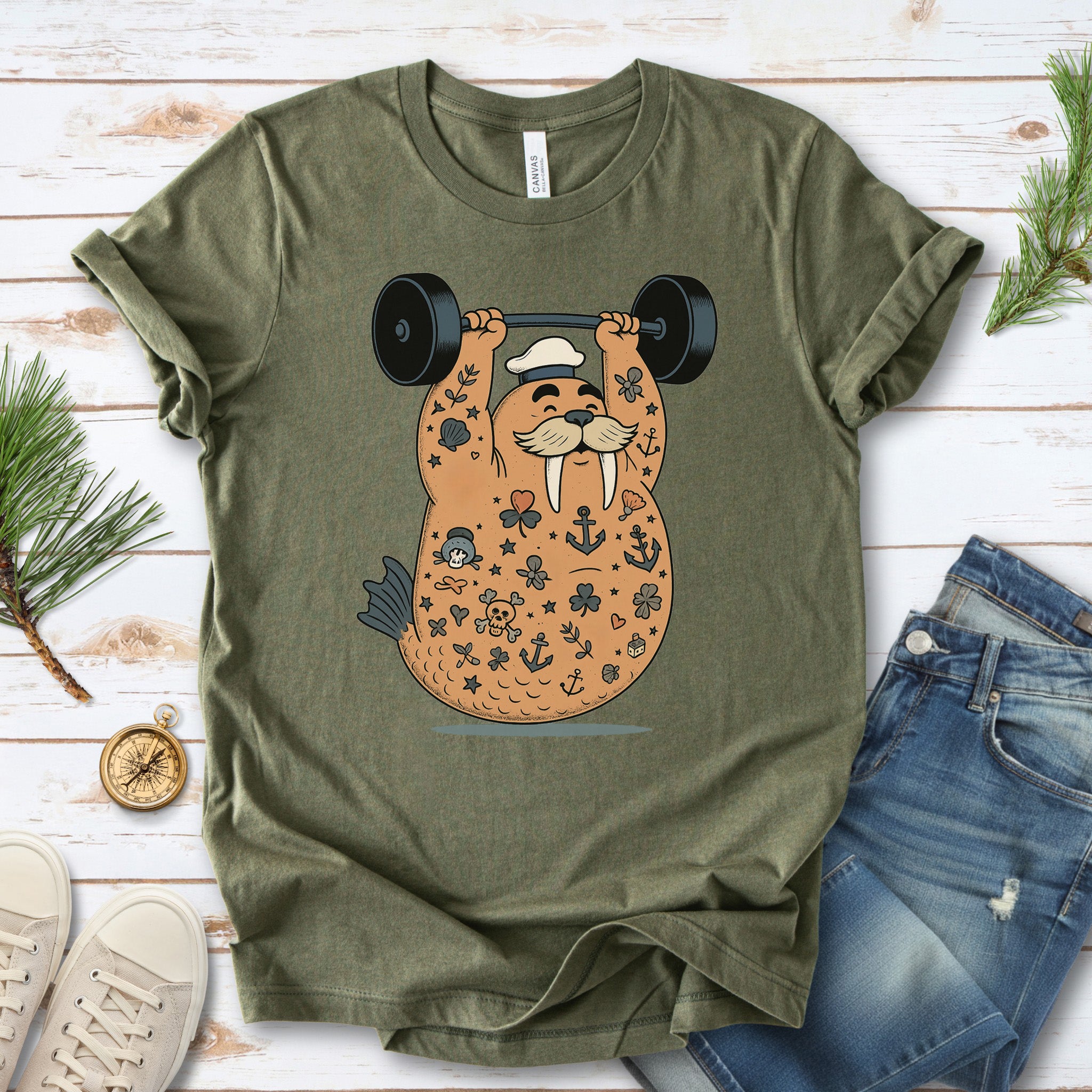 Tattooed Walrus Lifting T-Shirt – Funny Gym Sailor Sea Animal Tee