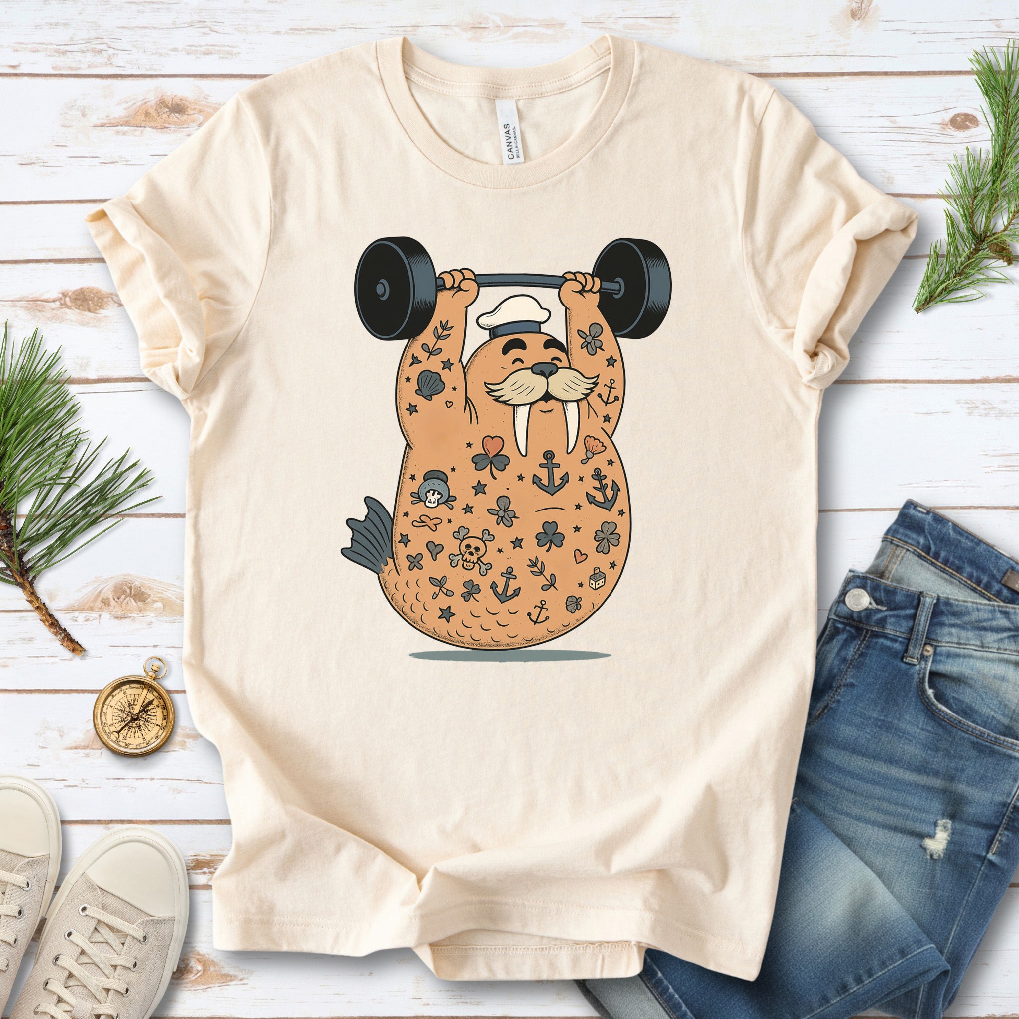 Tattooed Walrus Lifting T-Shirt – Funny Gym Sailor Sea Animal Tee