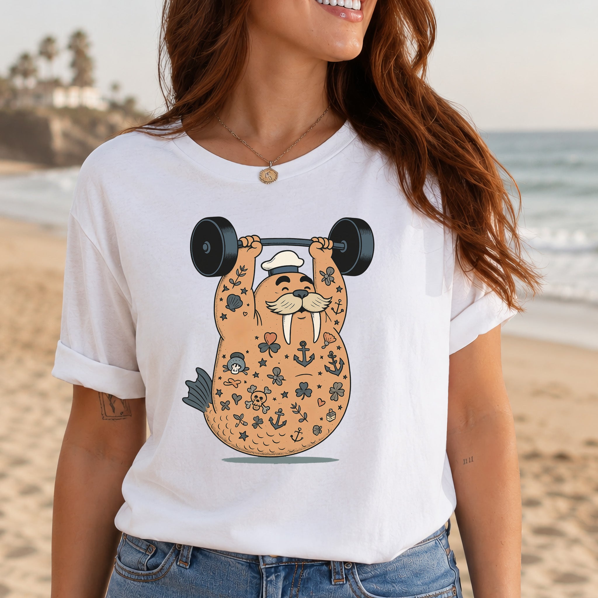Tattooed Walrus Lifting T-Shirt – Funny Gym Sailor Sea Animal Tee