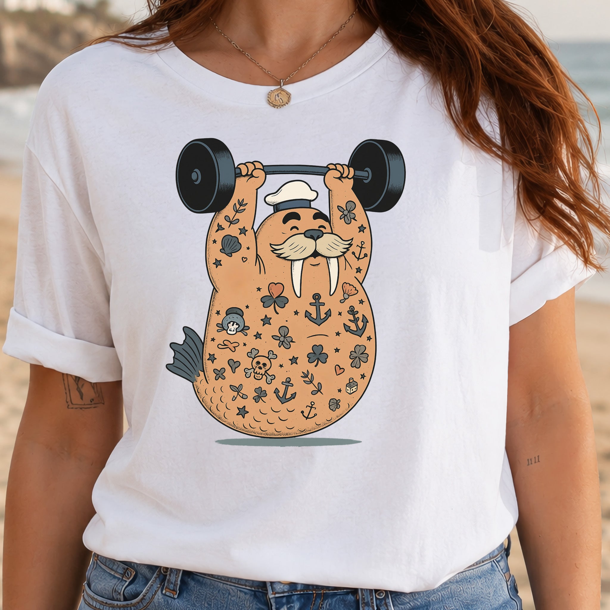 Tattooed Walrus Lifting T-Shirt – Funny Gym Sailor Sea Animal Tee