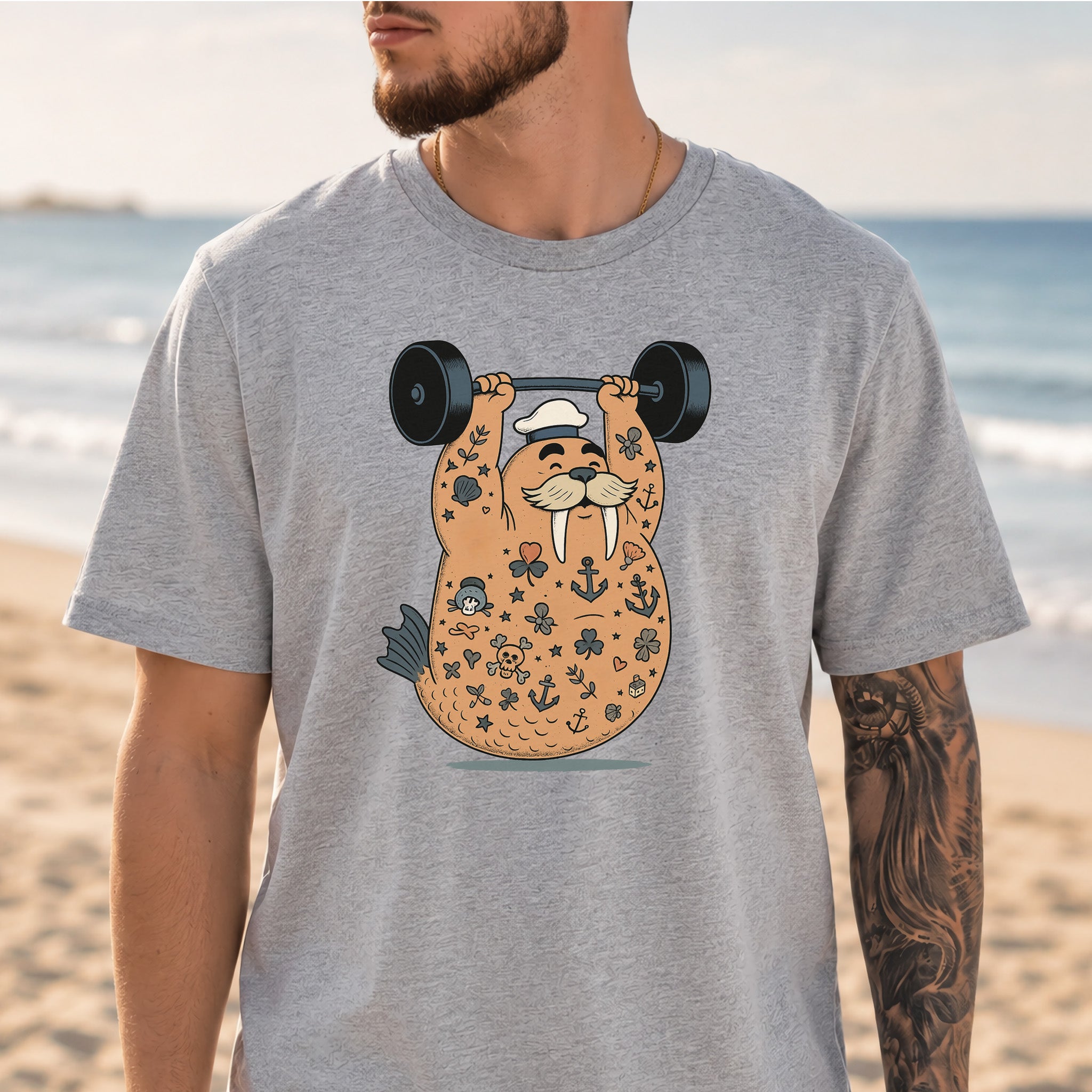 Tattooed Walrus Lifting T-Shirt – Funny Gym Sailor Sea Animal Tee
