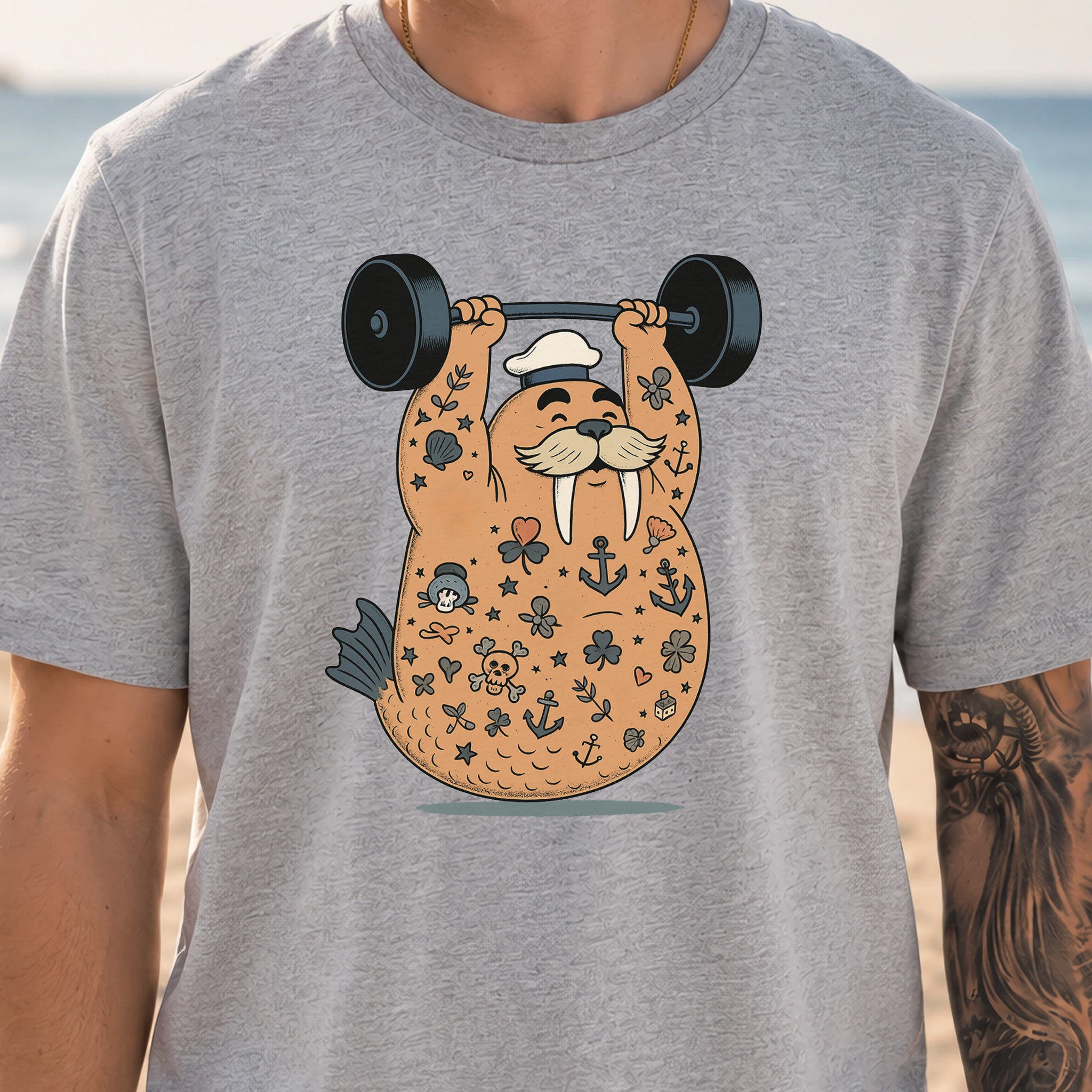 Tattooed Walrus Lifting T-Shirt – Funny Gym Sailor Sea Animal Tee