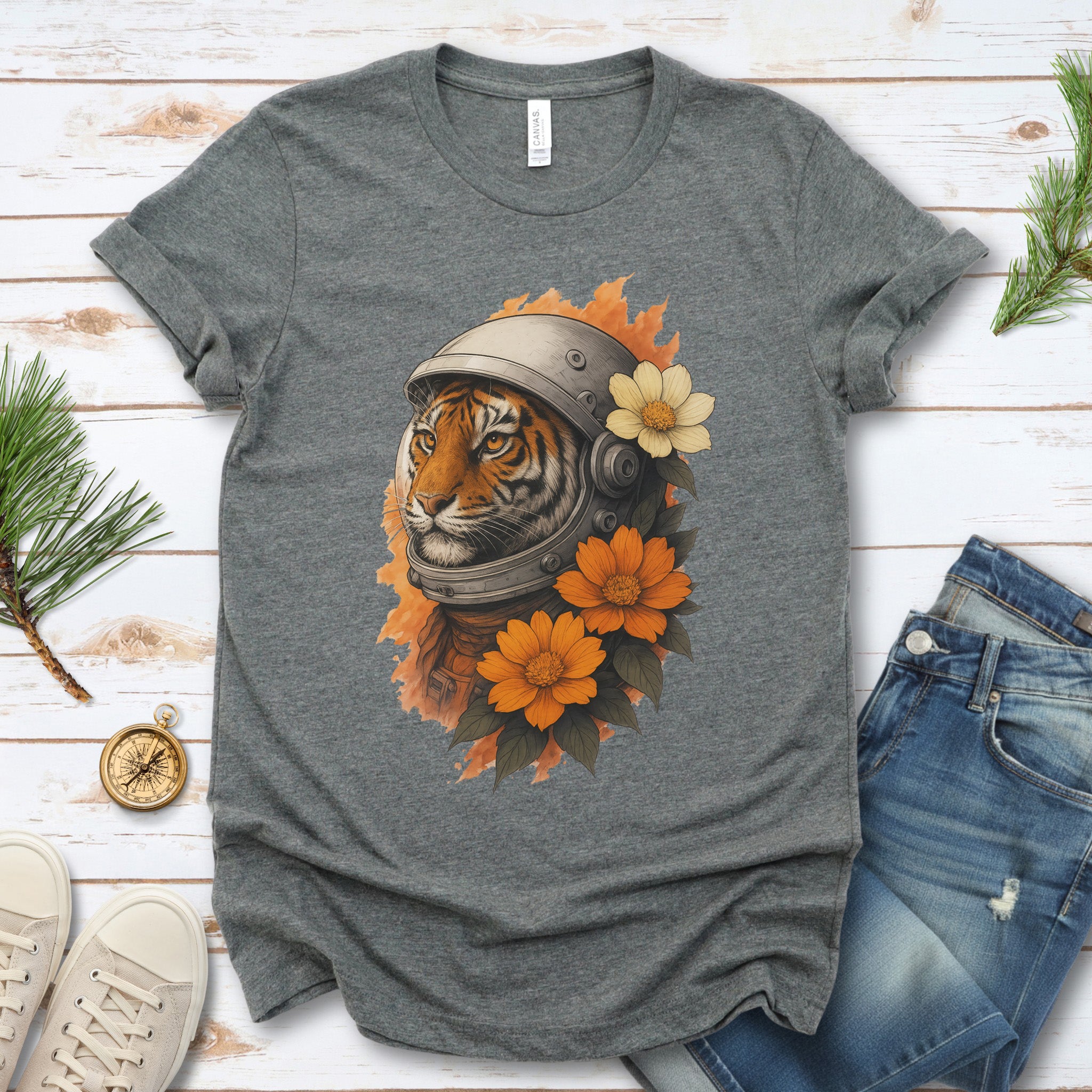Astronaut Tiger Floral T-Shirt – Cosmic Jungle Vintage Space Tee