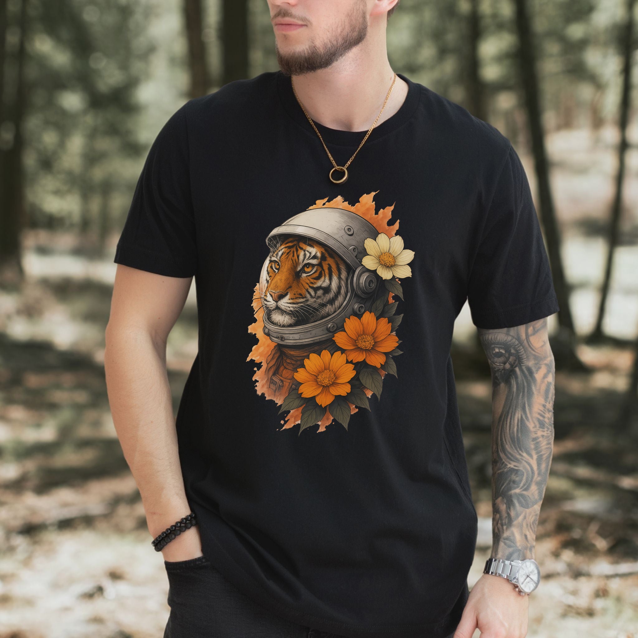 Astronaut Tiger Floral T-Shirt – Cosmic Jungle Vintage Space Tee