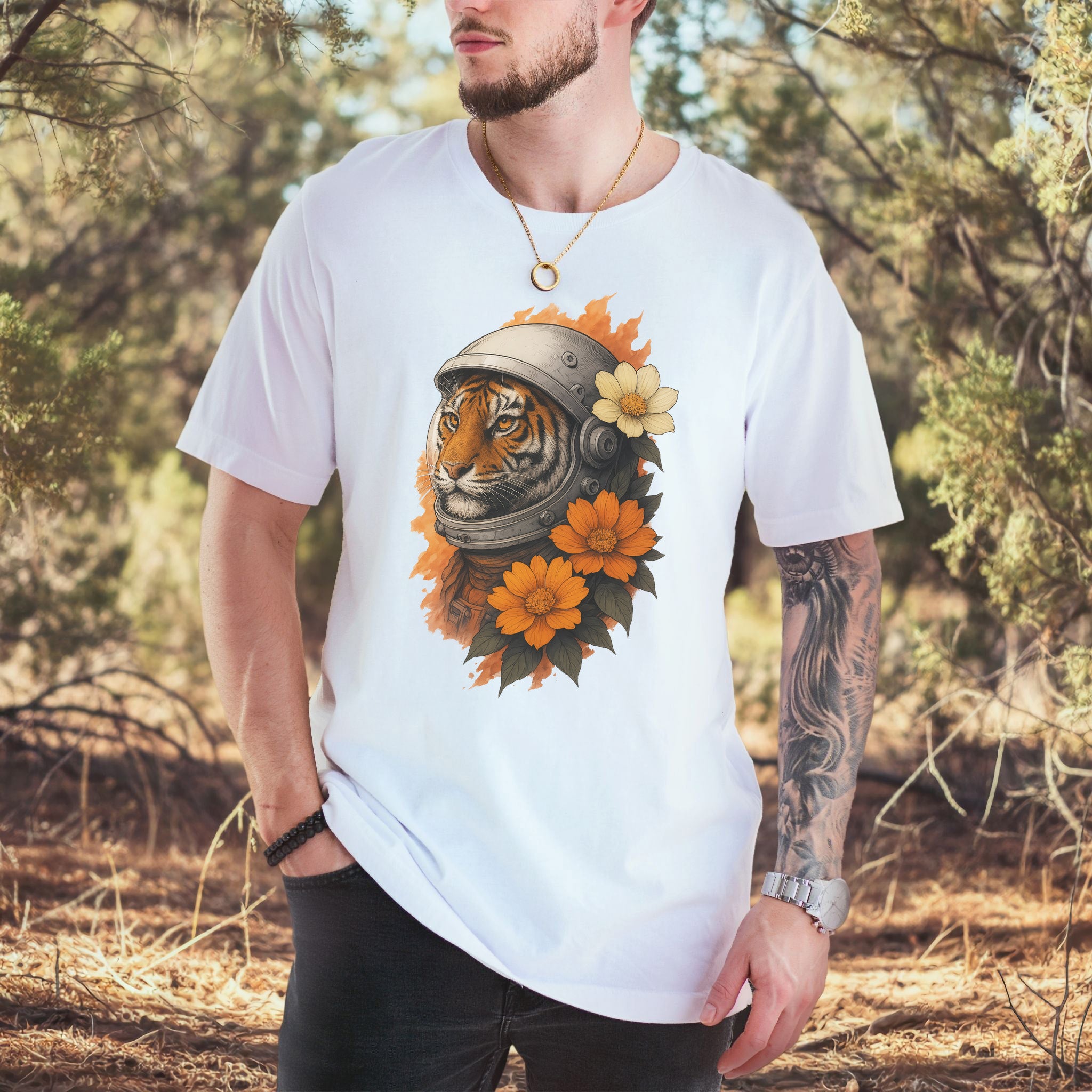 Astronaut Tiger Floral T-Shirt – Cosmic Jungle Vintage Space Tee