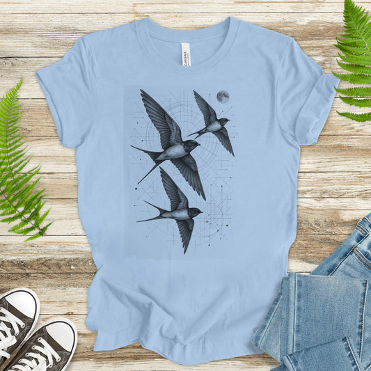 Vintage Swallow Flight T-Shirt – Geometric Bird Art Spirit Tee
