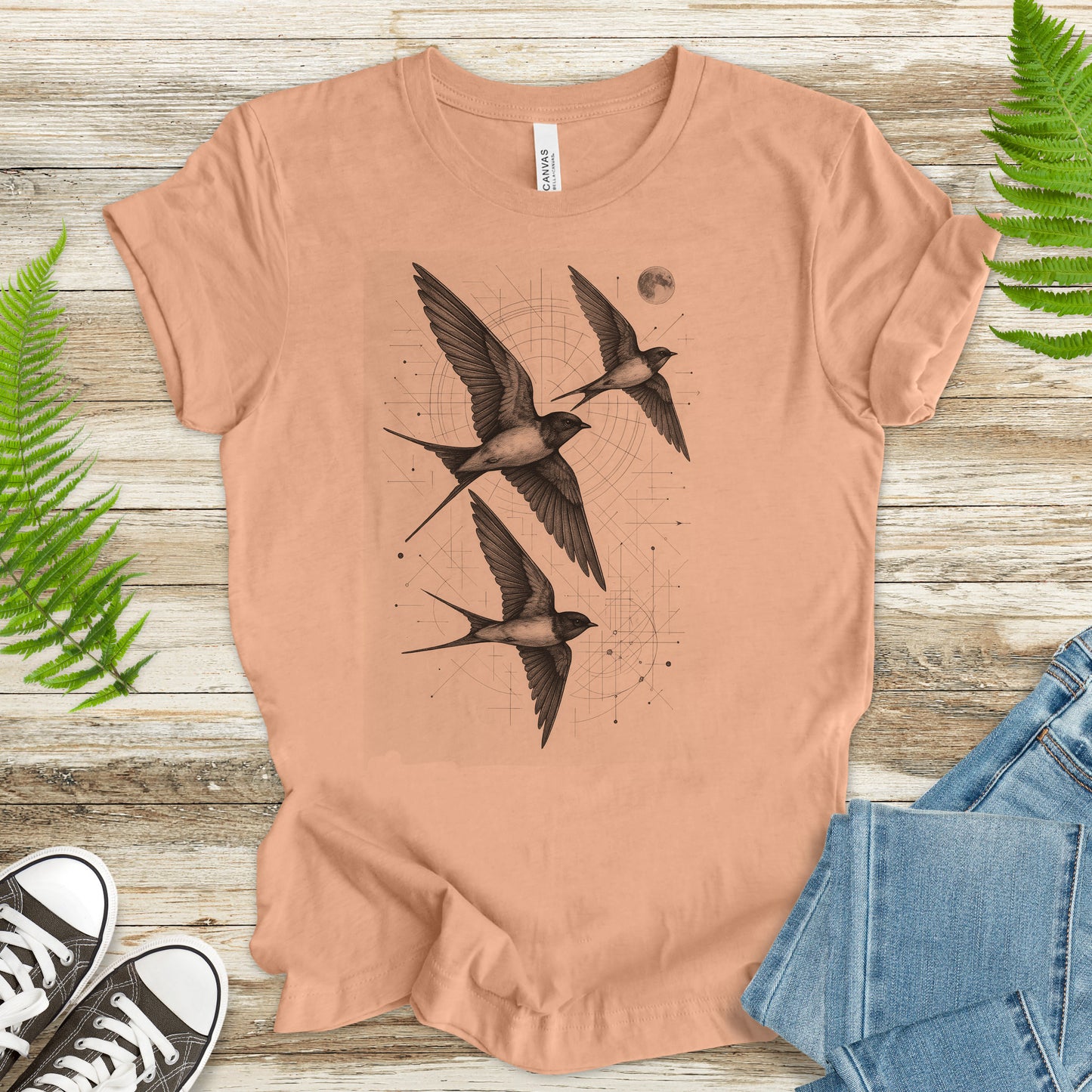 Vintage Swallow Flight T-Shirt – Geometric Bird Art Spirit Tee