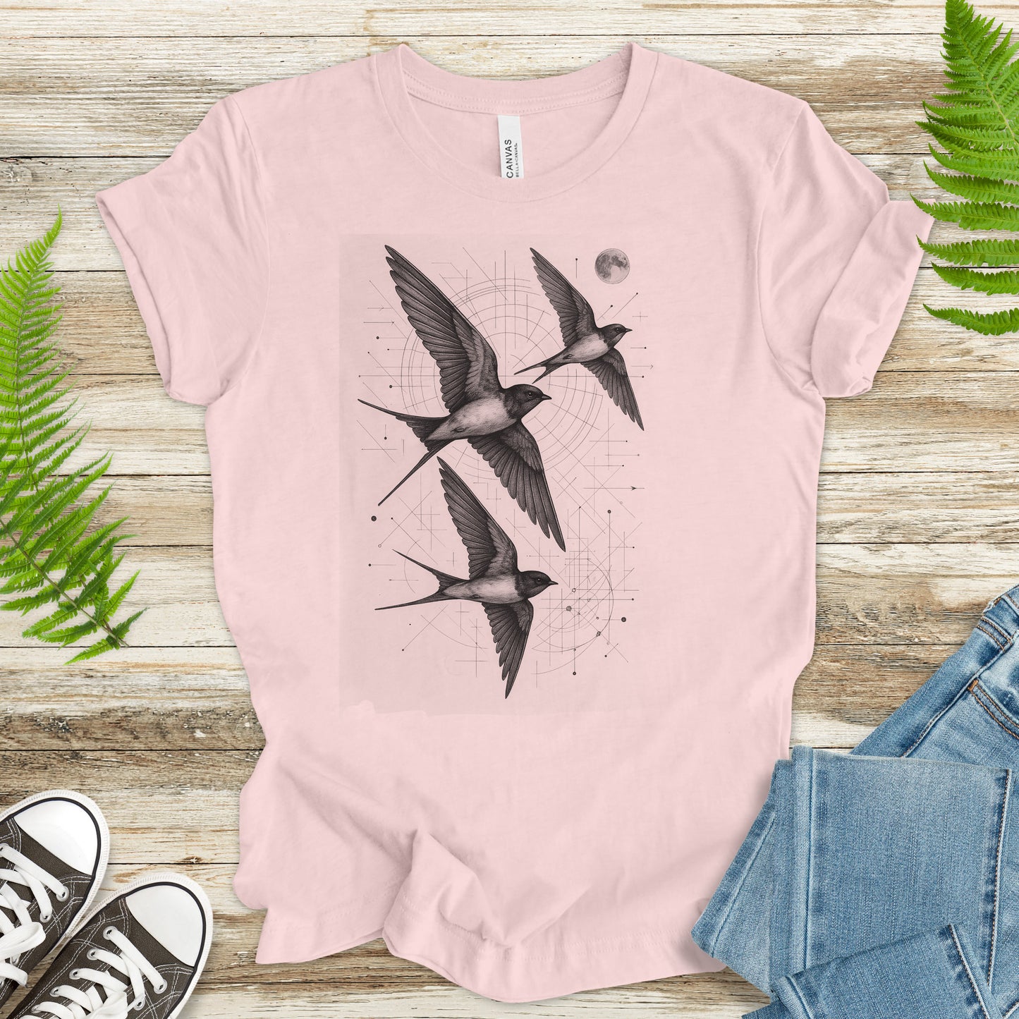 Vintage Swallow Flight T-Shirt – Geometric Bird Art Spirit Tee