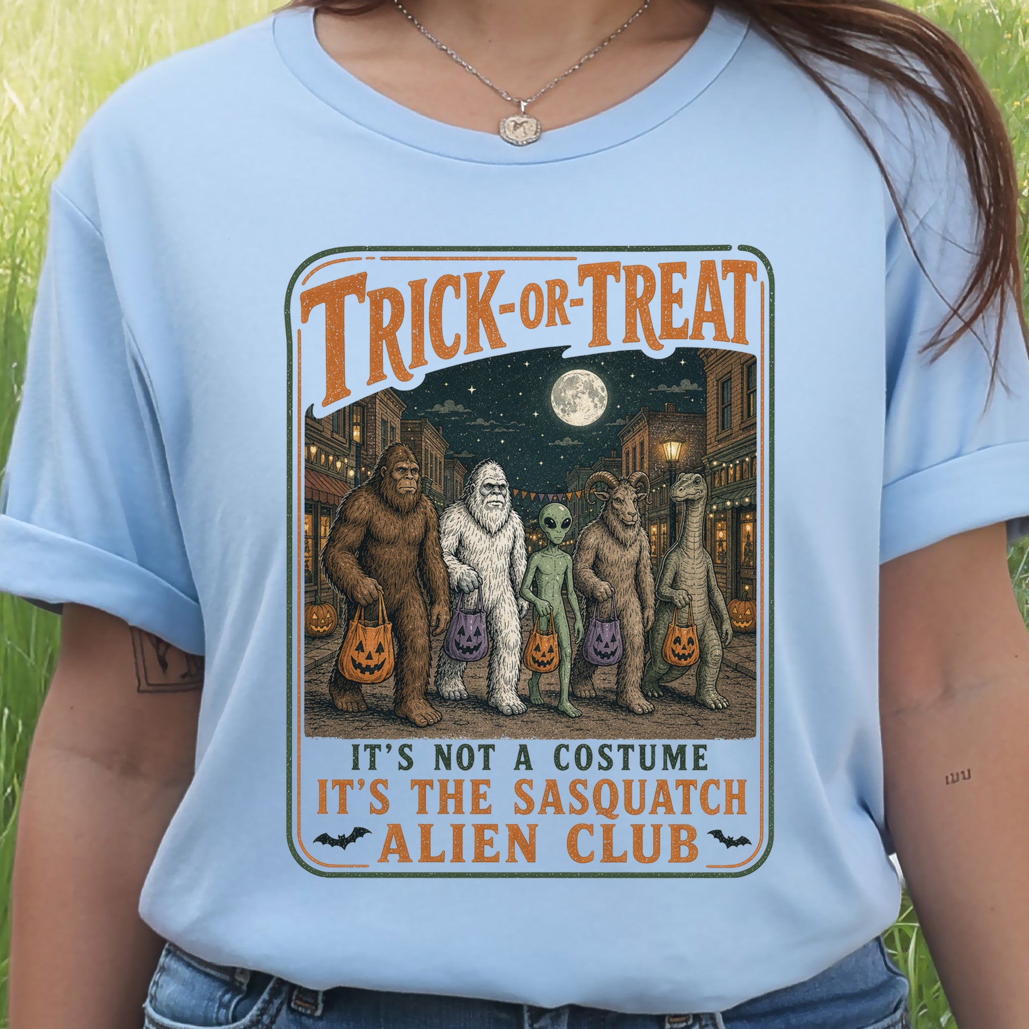 Trick or Treat Sasquatch Alien Club Funny Cryptid Halloween T-Shirt