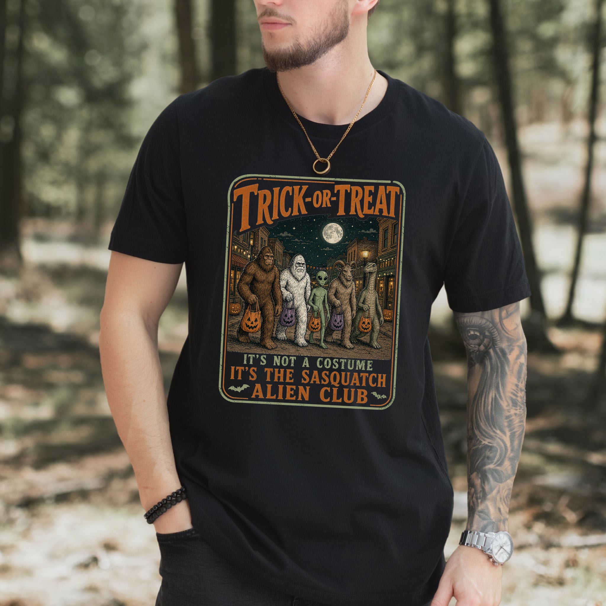 Trick or Treat Sasquatch Alien Club Funny Cryptid Halloween T-Shirt