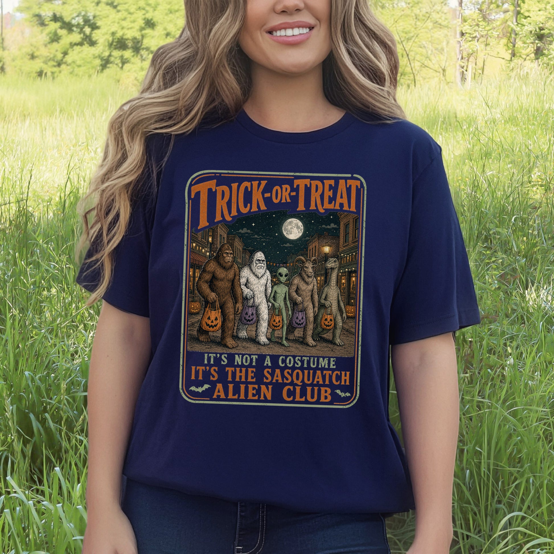 Trick or Treat Sasquatch Alien Club Funny Cryptid Halloween T-Shirt