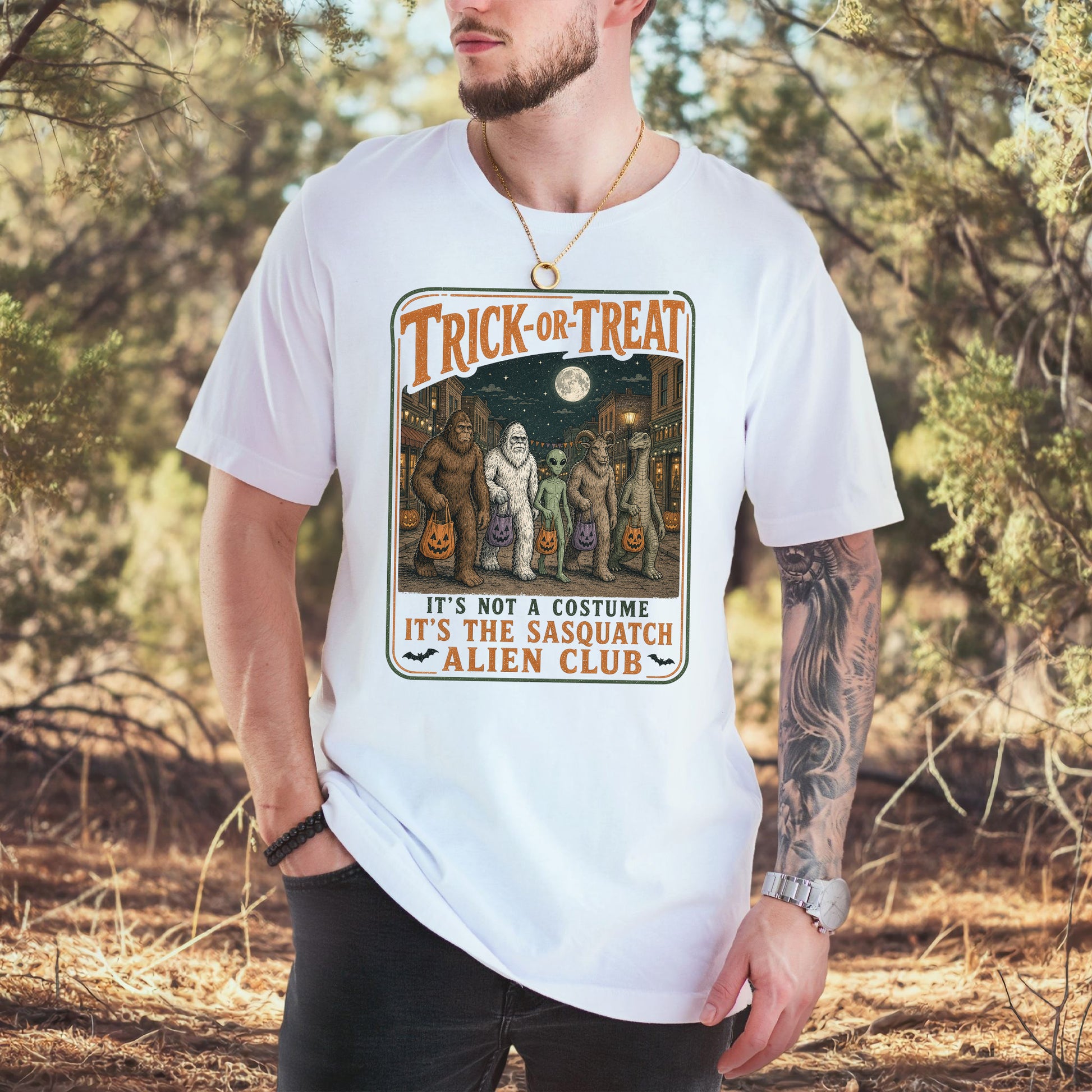 Trick or Treat Sasquatch Alien Club Funny Cryptid Halloween T-Shirt