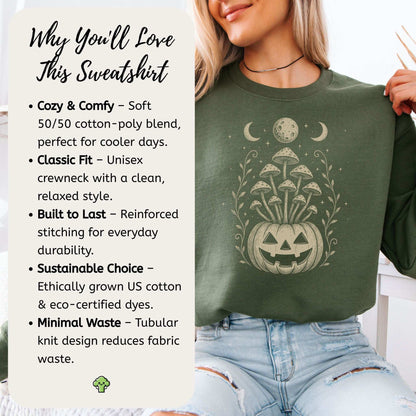 Mushroom Jack-O’-Lantern Halloween Sweatshirt – Retro Moonlit Pumpkin Magic