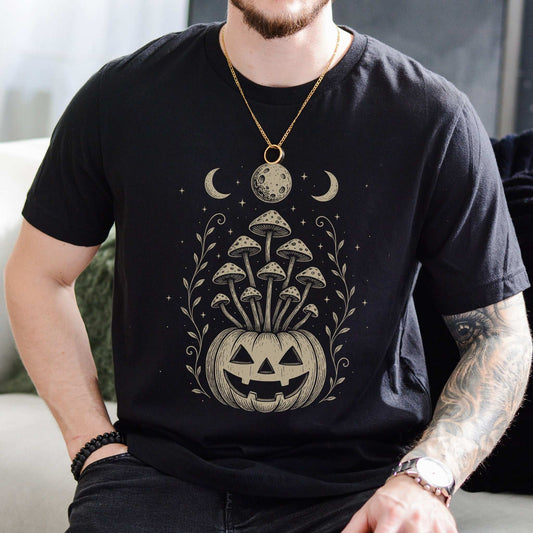 Mushroom Jack-O’-Lantern Halloween T-Shirt – Retro Moonlit Pumpkin Magic