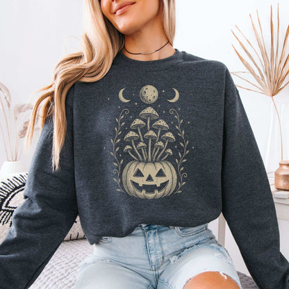 Mushroom Jack-O’-Lantern Halloween Sweatshirt – Retro Moonlit Pumpkin Magic