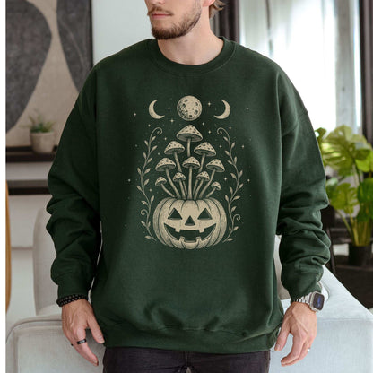 Mushroom Jack-O’-Lantern Halloween Sweatshirt – Retro Moonlit Pumpkin Magic