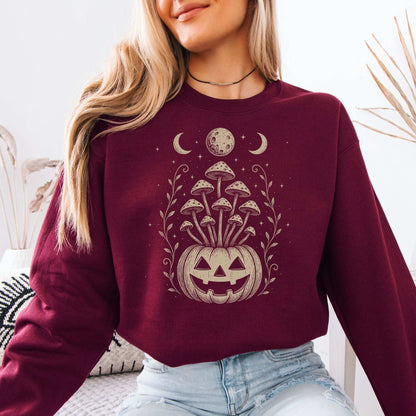 Mushroom Jack-O’-Lantern Halloween Sweatshirt – Retro Moonlit Pumpkin Magic