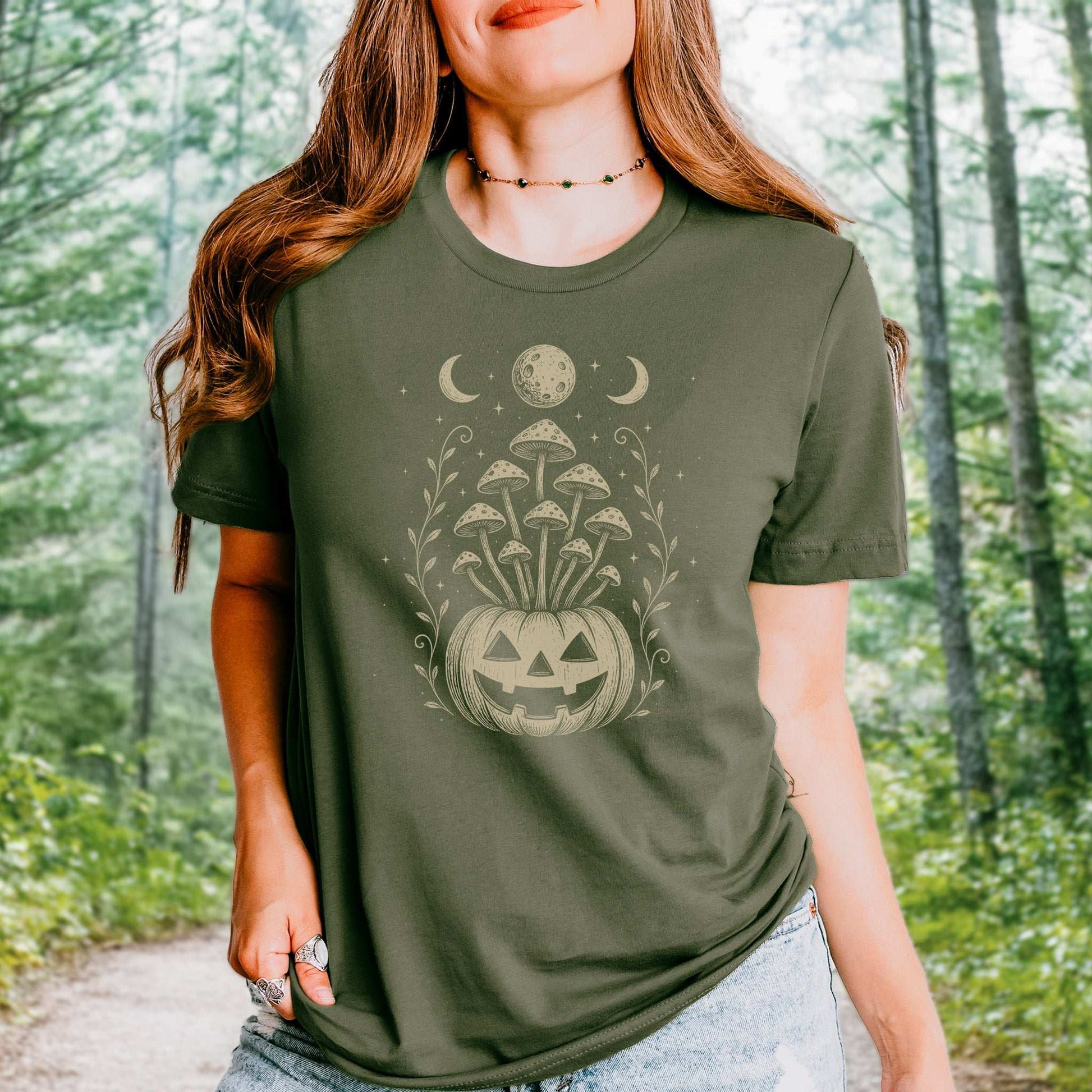 Mushroom Jack-O’-Lantern Halloween T-Shirt – Retro Moonlit Pumpkin Magic