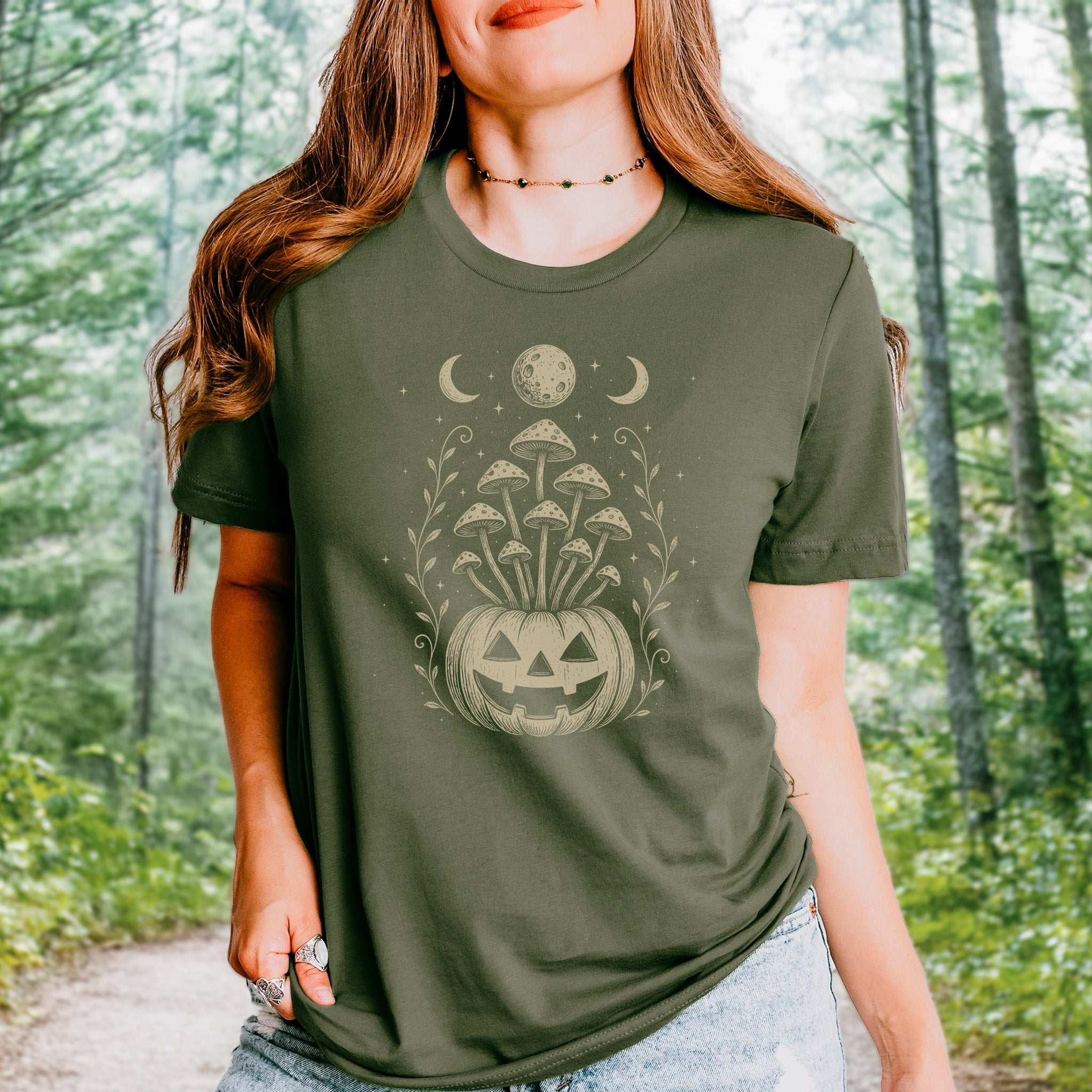 Mushroom Jack-O’-Lantern Halloween T-Shirt – Retro Moonlit Pumpkin Magic
