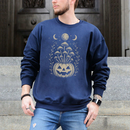 Mushroom Jack-O’-Lantern Halloween Sweatshirt – Retro Moonlit Pumpkin Magic