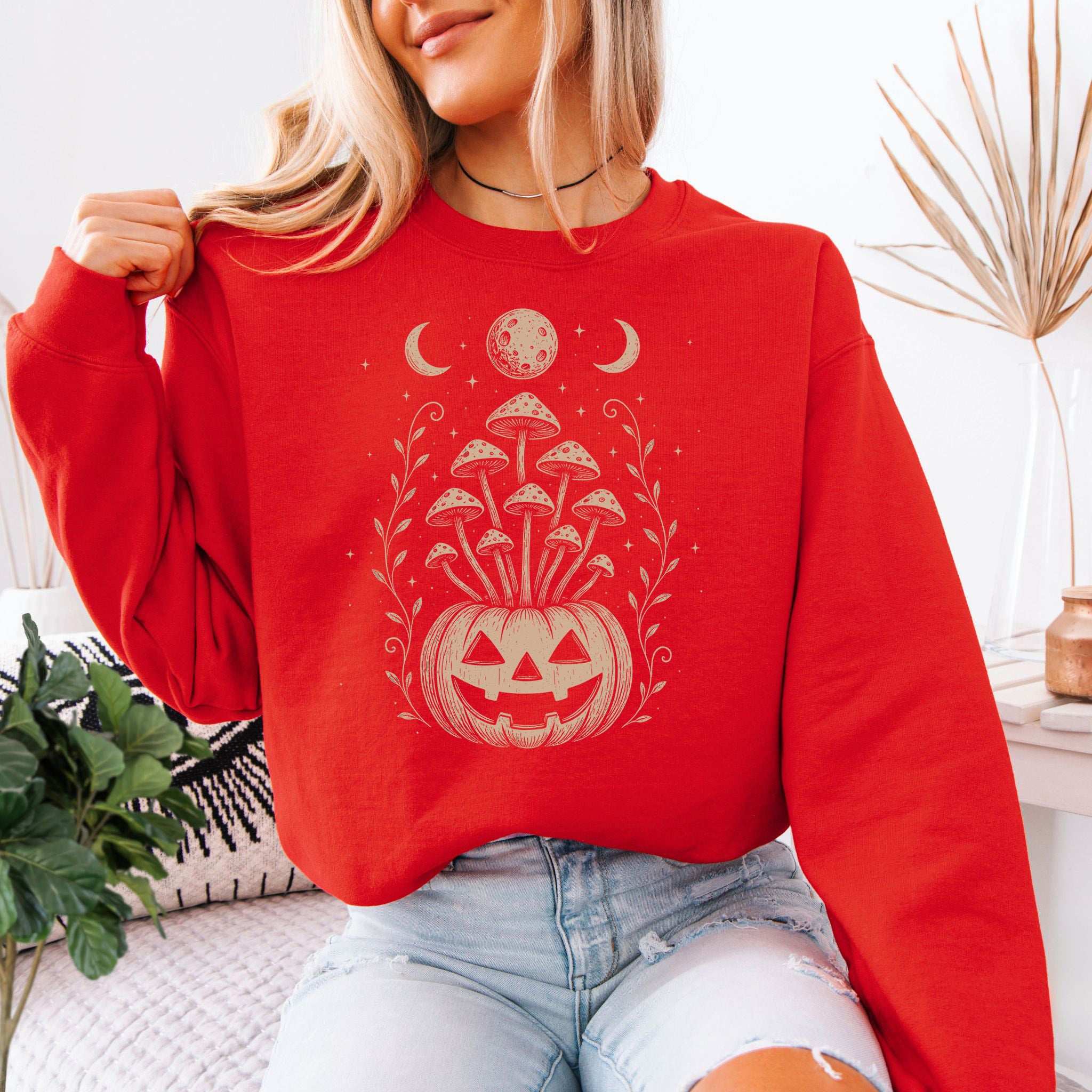 Mushroom Jack-O’-Lantern Halloween Sweatshirt – Retro Moonlit Pumpkin Magic