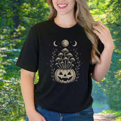 Mushroom Jack-O’-Lantern Halloween T-Shirt – Retro Moonlit Pumpkin Magic