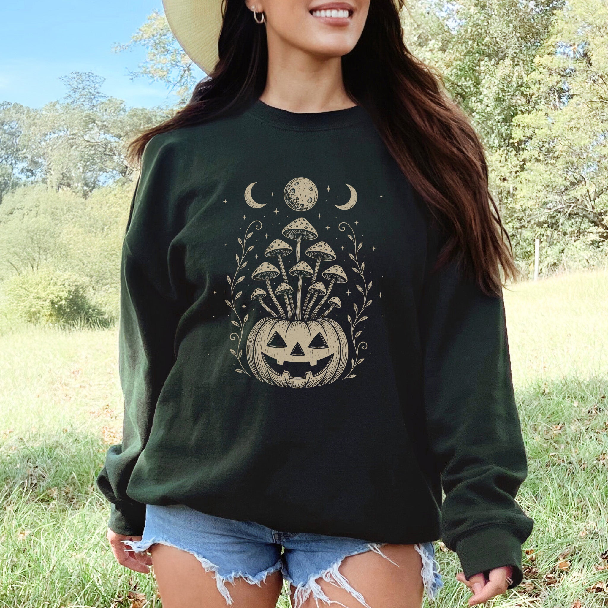 Mushroom Jack-O’-Lantern Halloween Sweatshirt – Retro Moonlit Pumpkin Magic