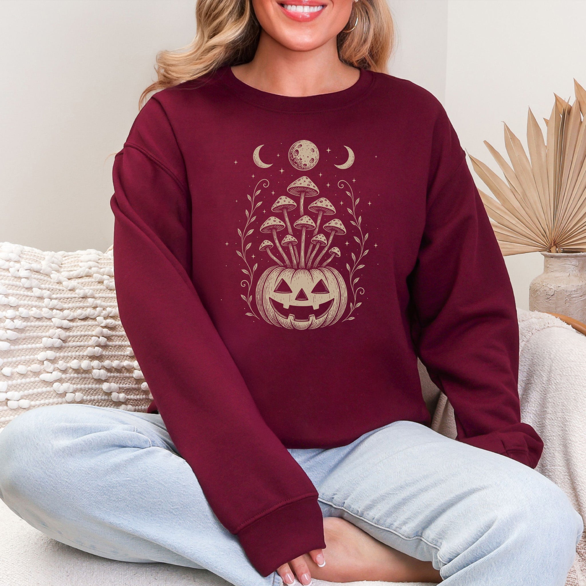 Mushroom Jack-O’-Lantern Halloween Sweatshirt – Retro Moonlit Pumpkin Magic
