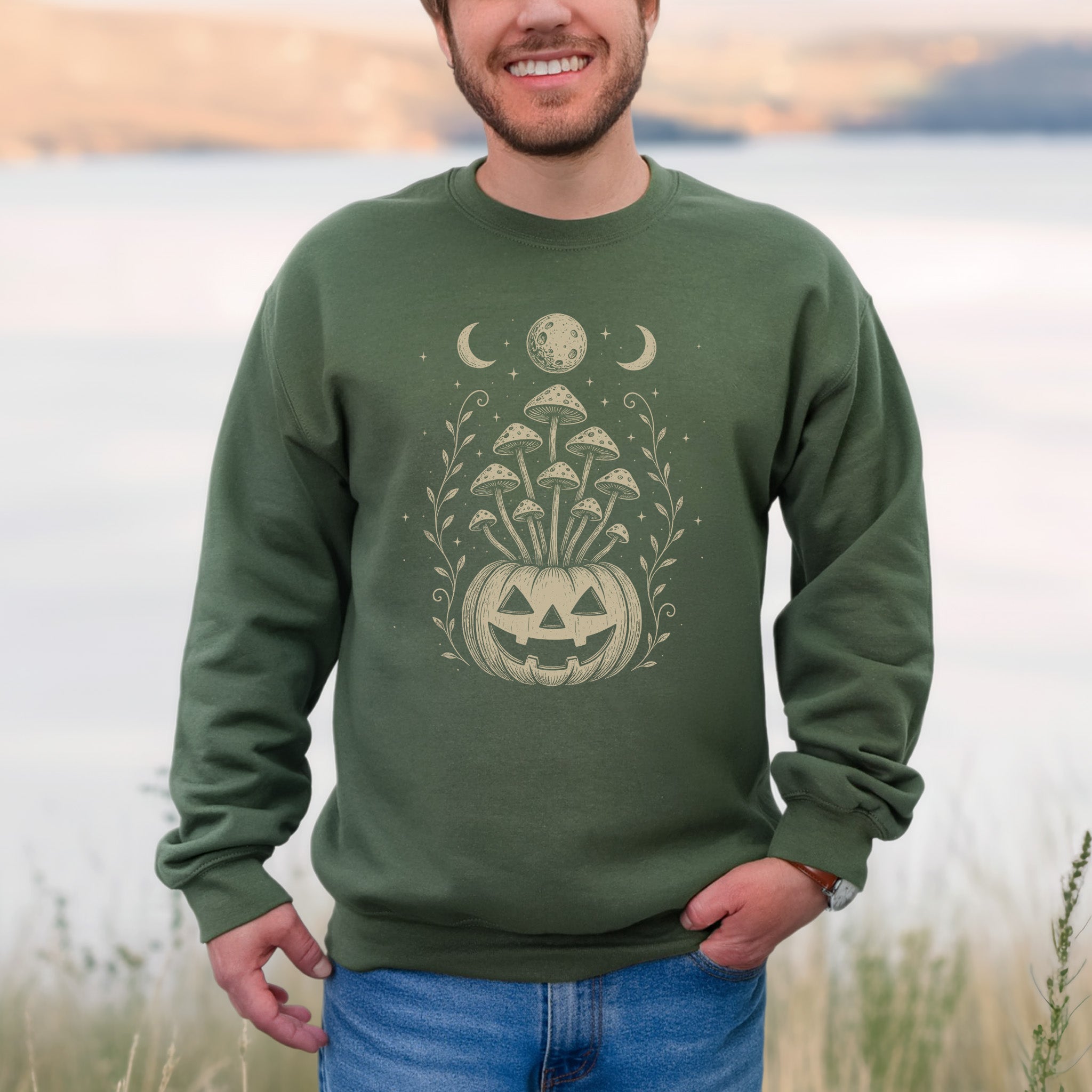 Mushroom Jack-O’-Lantern Halloween Sweatshirt – Retro Moonlit Pumpkin Magic